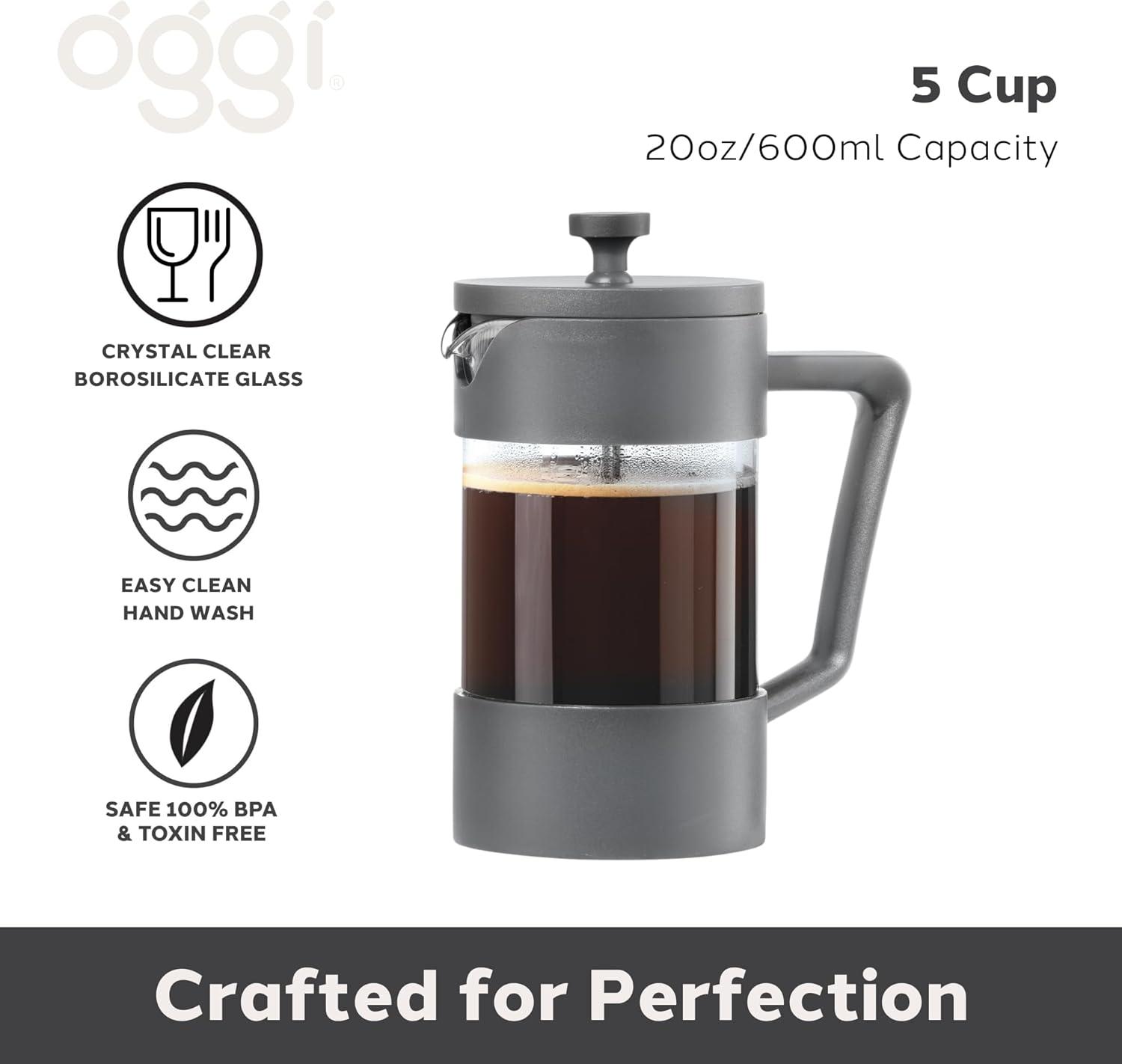 imageOggi Borosilicate Glass French Press Coffee Maker 20oz 5 Cup Capacity Coffee Press Single Serve Coffee Maker Stainless Steel Lid ampamp Plunger Make Great Coffee Gifts RedGray