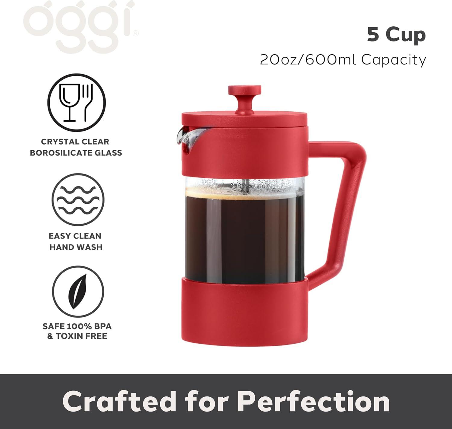 imageOggi Borosilicate Glass French Press Coffee Maker 20oz 5 Cup Capacity Coffee Press Single Serve Coffee Maker Stainless Steel Lid ampamp Plunger Make Great Coffee Gifts RedRed