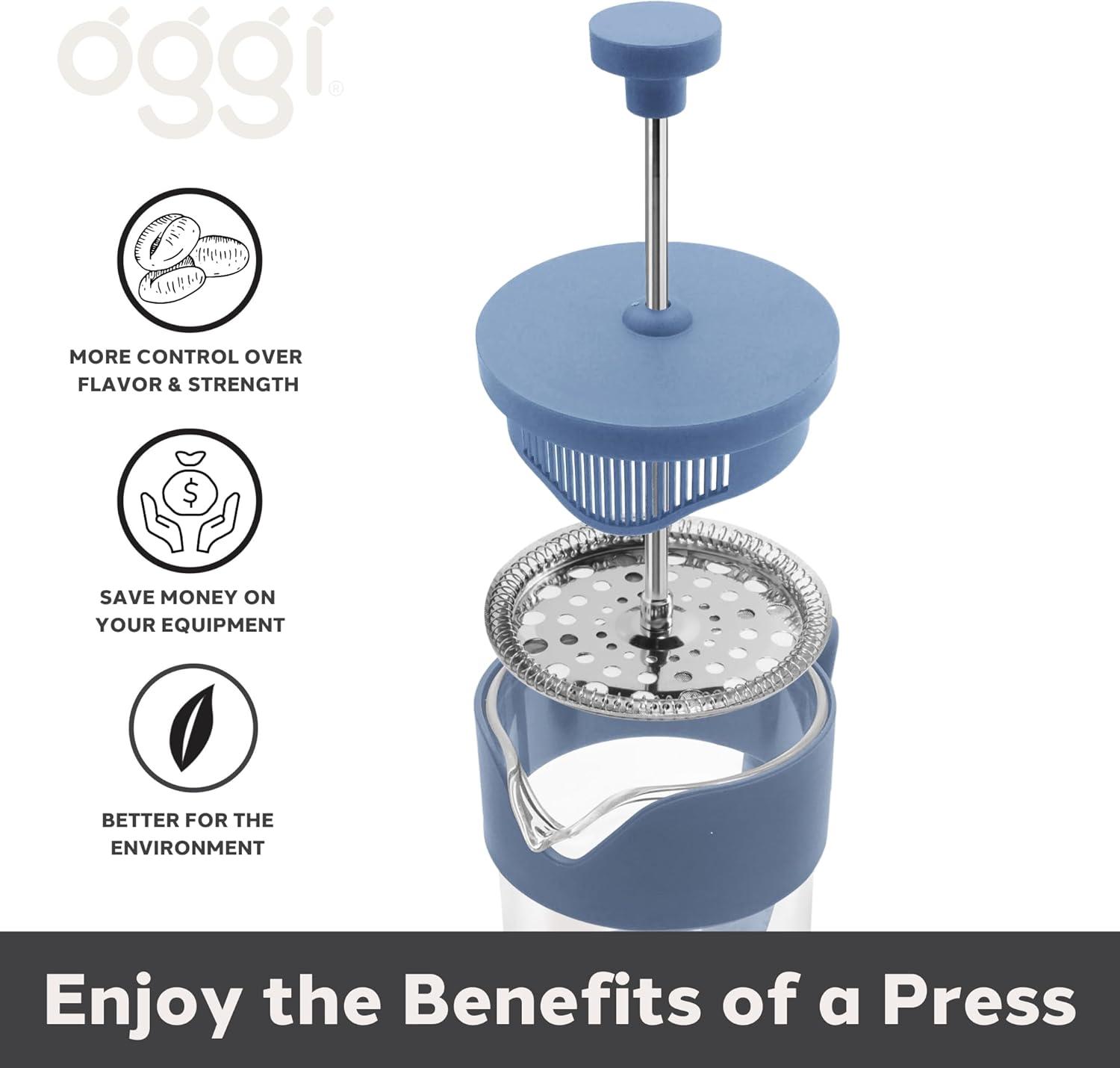 imageOggi Borosilicate Glass French Press Coffee Maker 20oz 5 Cup Capacity Coffee Press Single Serve Coffee Maker Stainless Steel Lid ampamp Plunger Make Great Coffee Gifts RedBlue