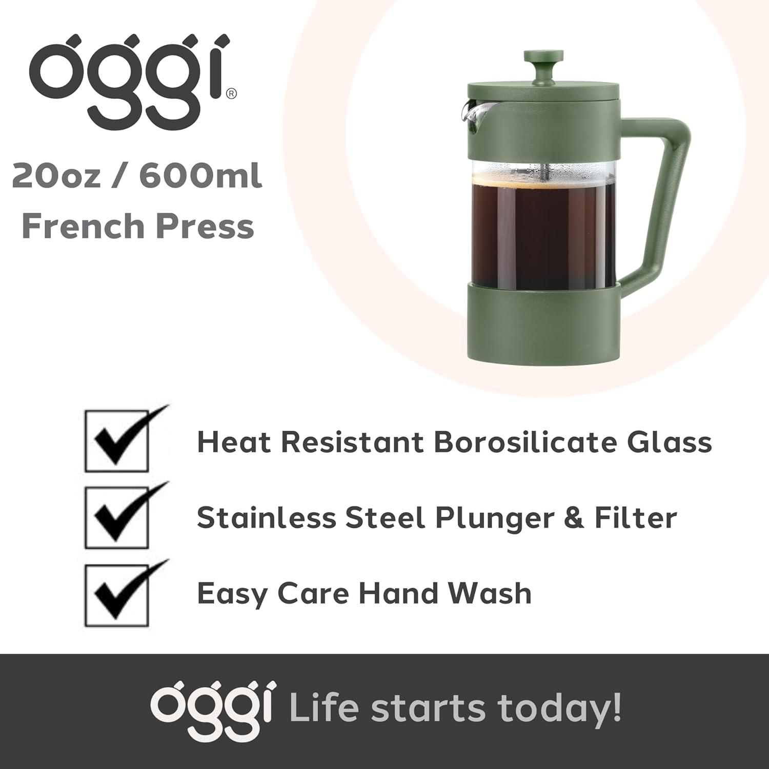 imageOggi Borosilicate Glass French Press Coffee Maker 20oz 5 Cup Capacity Coffee Press Single Serve Coffee Maker Stainless Steel Lid ampamp Plunger Make Great Coffee Gifts RedGreen