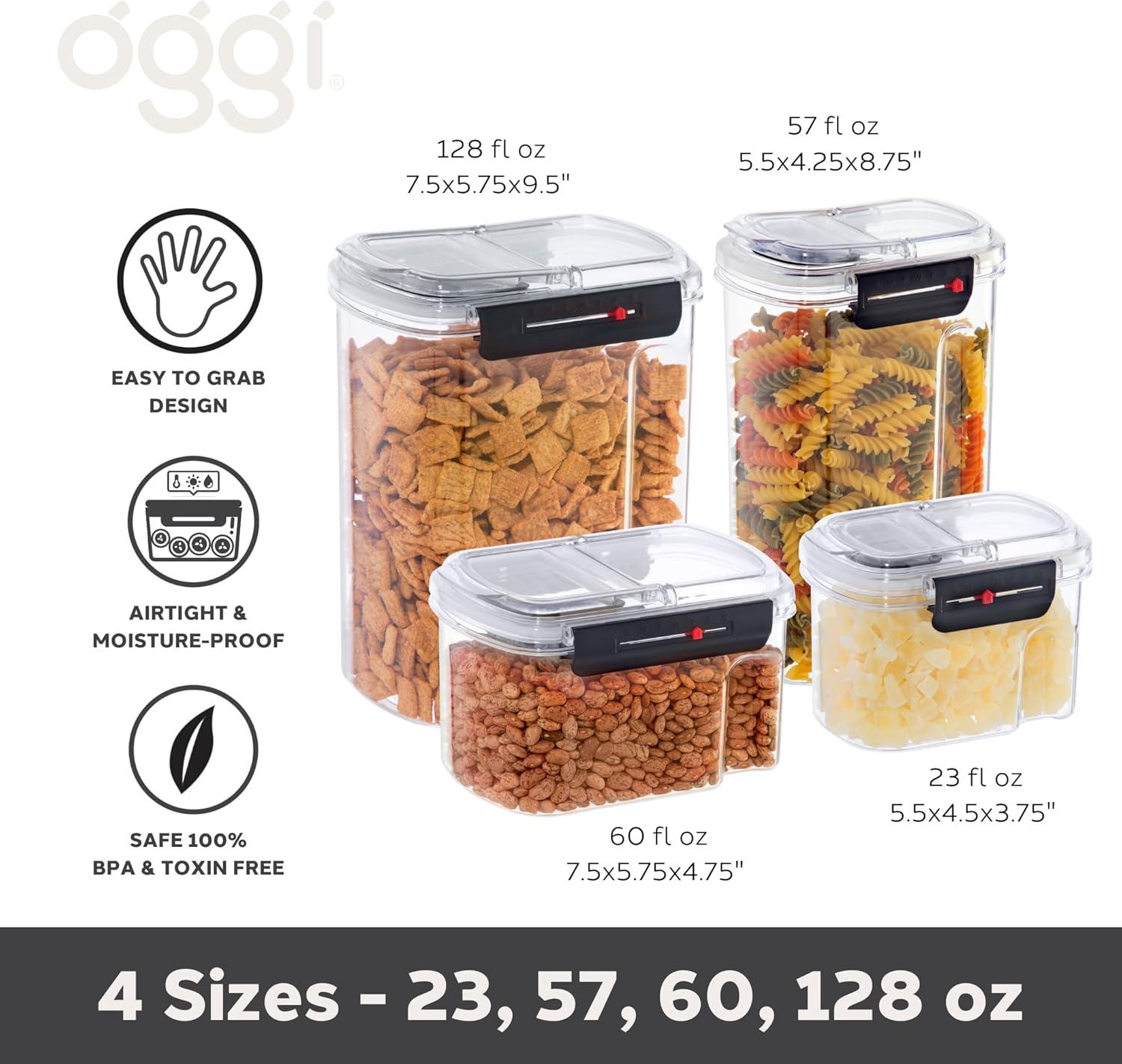 imageOggi Easi Grip 57oz Moisture Proof Storage Container Ultra Clear BPAFree Sealable Canister Flip Open Pouring Lid Date Reminder Slider on Clip Ideal Cereal Dispenser 57oz  17ltSet of 4