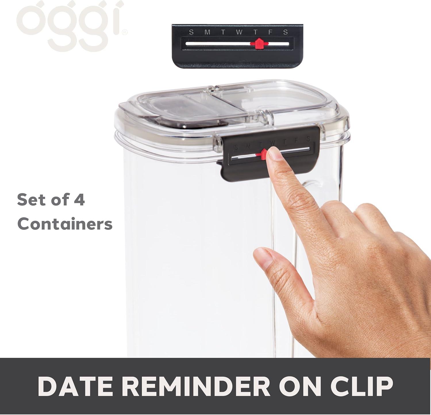 imageOggi Easi Grip 57oz Moisture Proof Storage Container Ultra Clear BPAFree Sealable Canister Flip Open Pouring Lid Date Reminder Slider on Clip Ideal Cereal Dispenser 57oz  17ltSet of 4