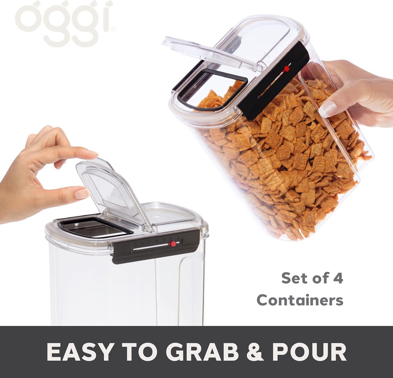 imageOggi Easi Grip 57oz Moisture Proof Storage Container Ultra Clear BPAFree Sealable Canister Flip Open Pouring Lid Date Reminder Slider on Clip Ideal Cereal Dispenser 57oz  17ltSet of 4