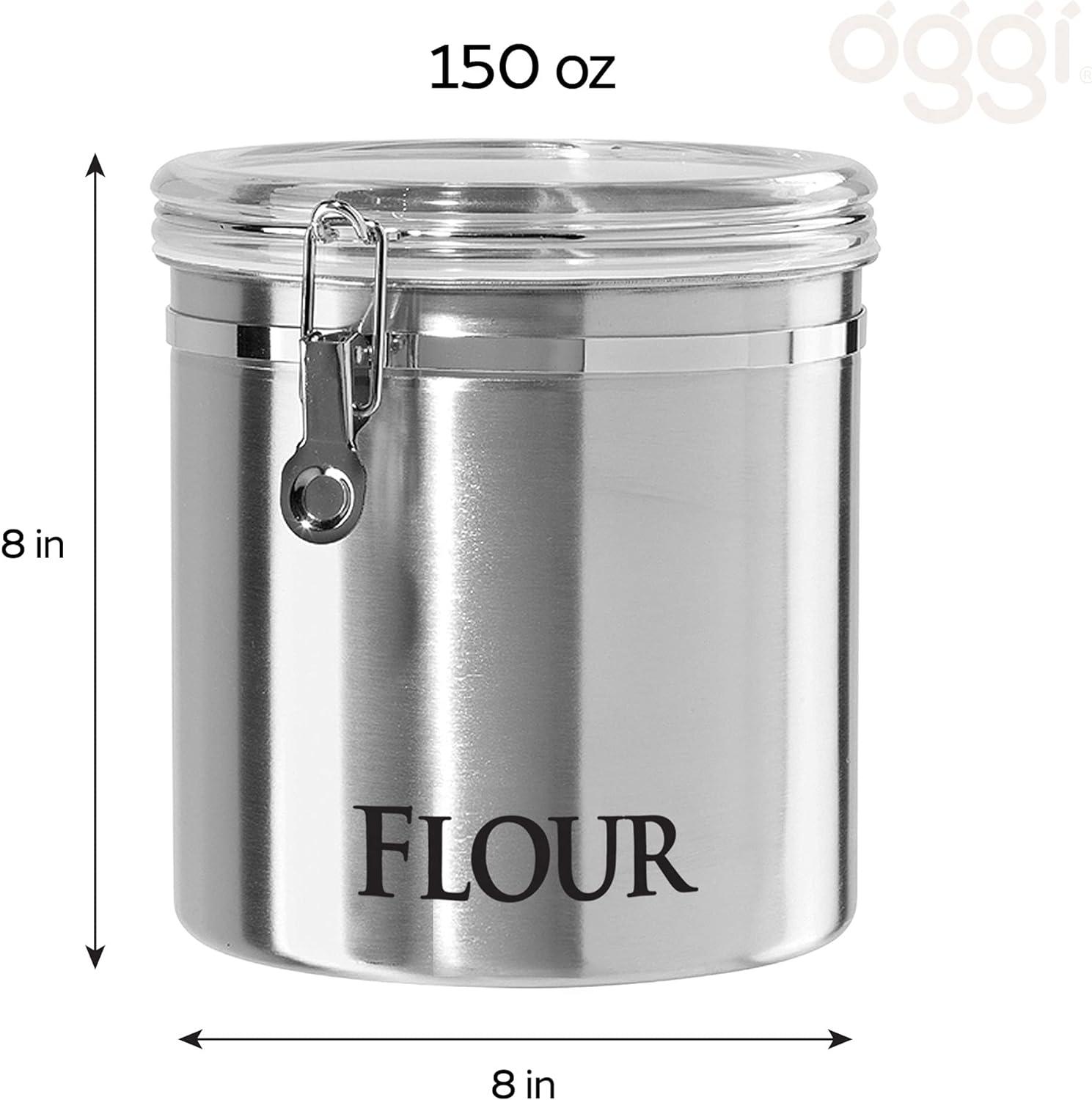 imageOggi Jumbo 8quot Stainless Steel Flour Clamp Canister  Airtight Food Storage Container Ideal for Kitchen ampamp Pantry Storage of Flour or other Bulk Dry Foods8InchFlour