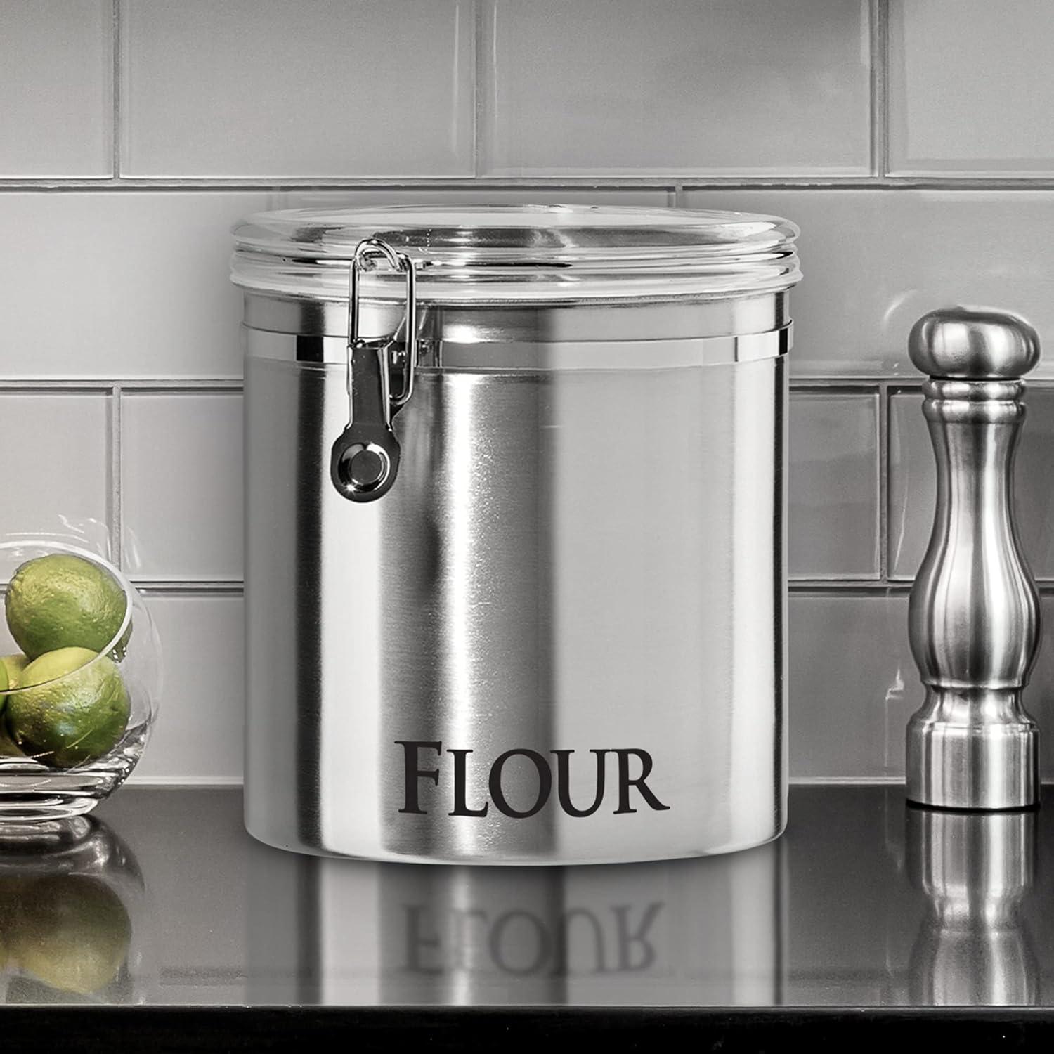 imageOggi Jumbo 8quot Stainless Steel Flour Clamp Canister  Airtight Food Storage Container Ideal for Kitchen ampamp Pantry Storage of Flour or other Bulk Dry Foods8InchFlour