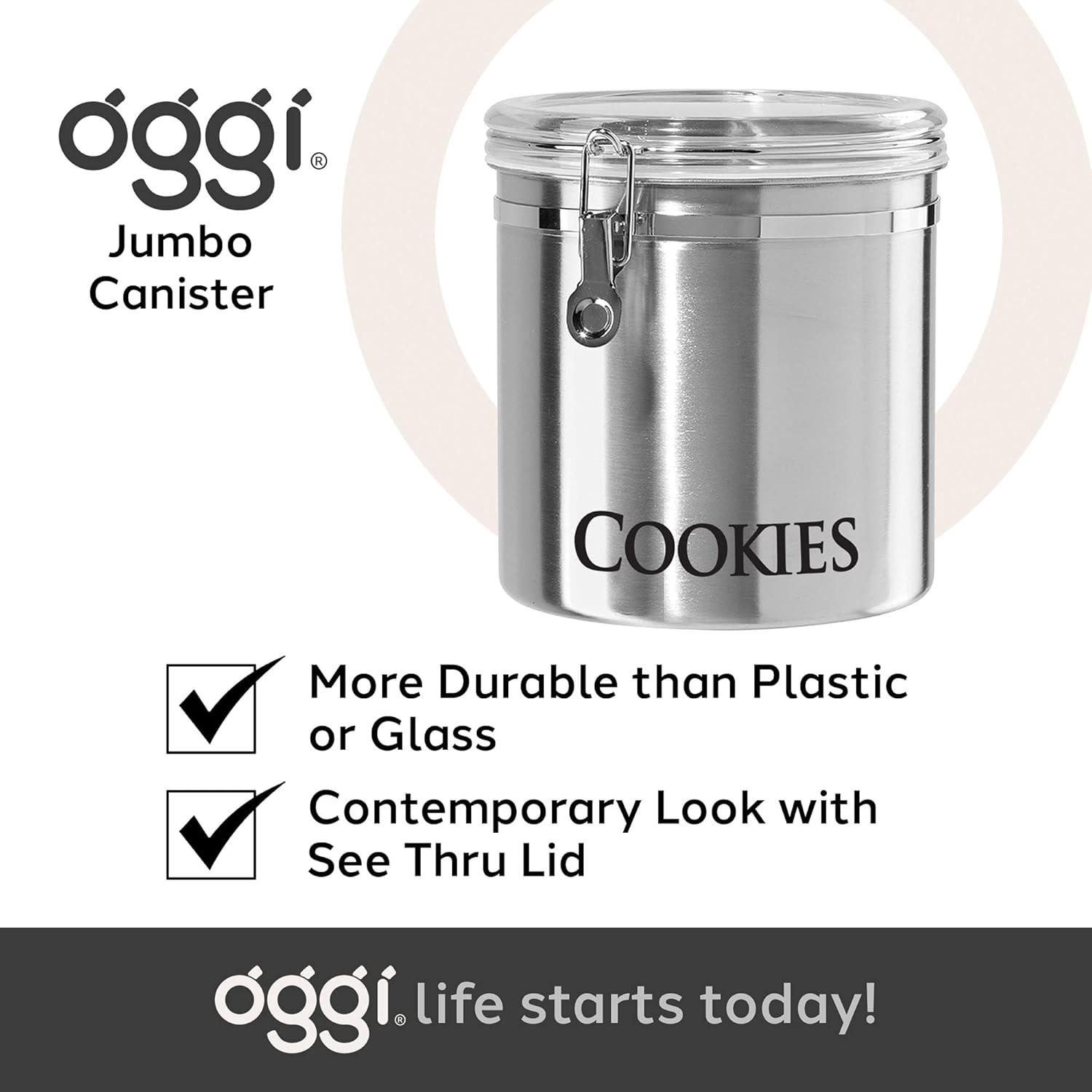 imageOggi Jumbo 8quot Stainless Steel Flour Clamp Canister  Airtight Food Storage Container Ideal for Kitchen ampamp Pantry Storage of Flour or other Bulk Dry Foods8InchCookies