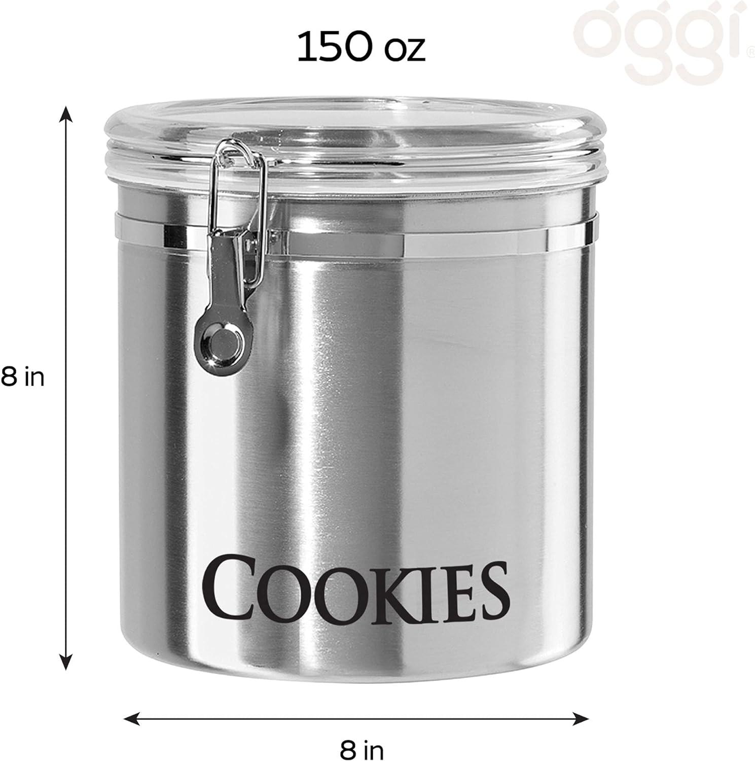 imageOggi Jumbo 8quot Stainless Steel Flour Clamp Canister  Airtight Food Storage Container Ideal for Kitchen ampamp Pantry Storage of Flour or other Bulk Dry Foods8InchCookies