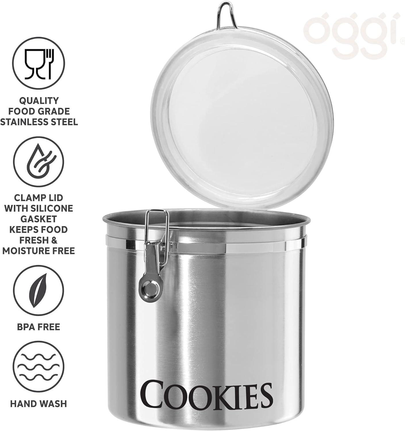 imageOggi Jumbo 8quot Stainless Steel Flour Clamp Canister  Airtight Food Storage Container Ideal for Kitchen ampamp Pantry Storage of Flour or other Bulk Dry Foods8InchCookies