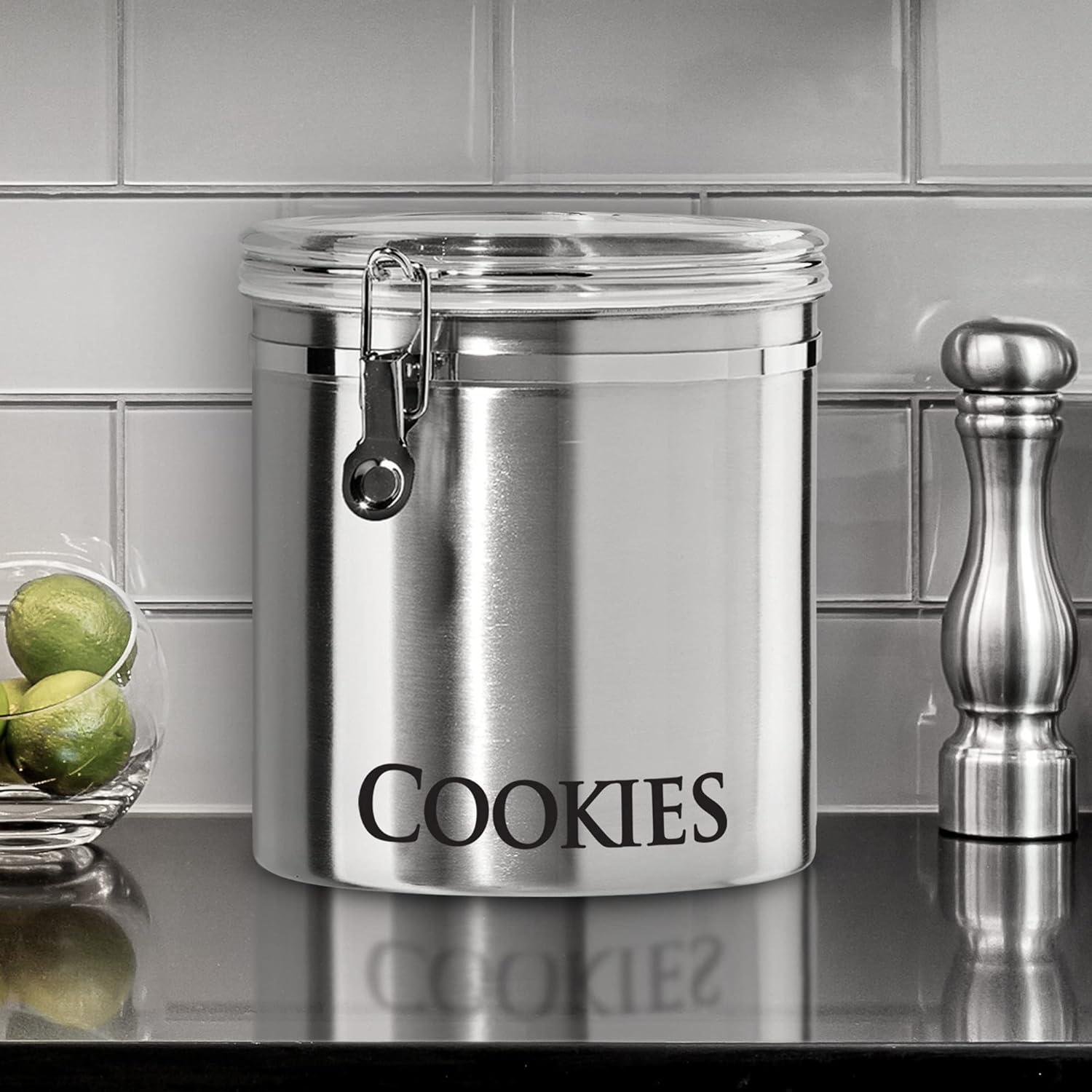 imageOggi Jumbo 8quot Stainless Steel Flour Clamp Canister  Airtight Food Storage Container Ideal for Kitchen ampamp Pantry Storage of Flour or other Bulk Dry Foods8InchCookies