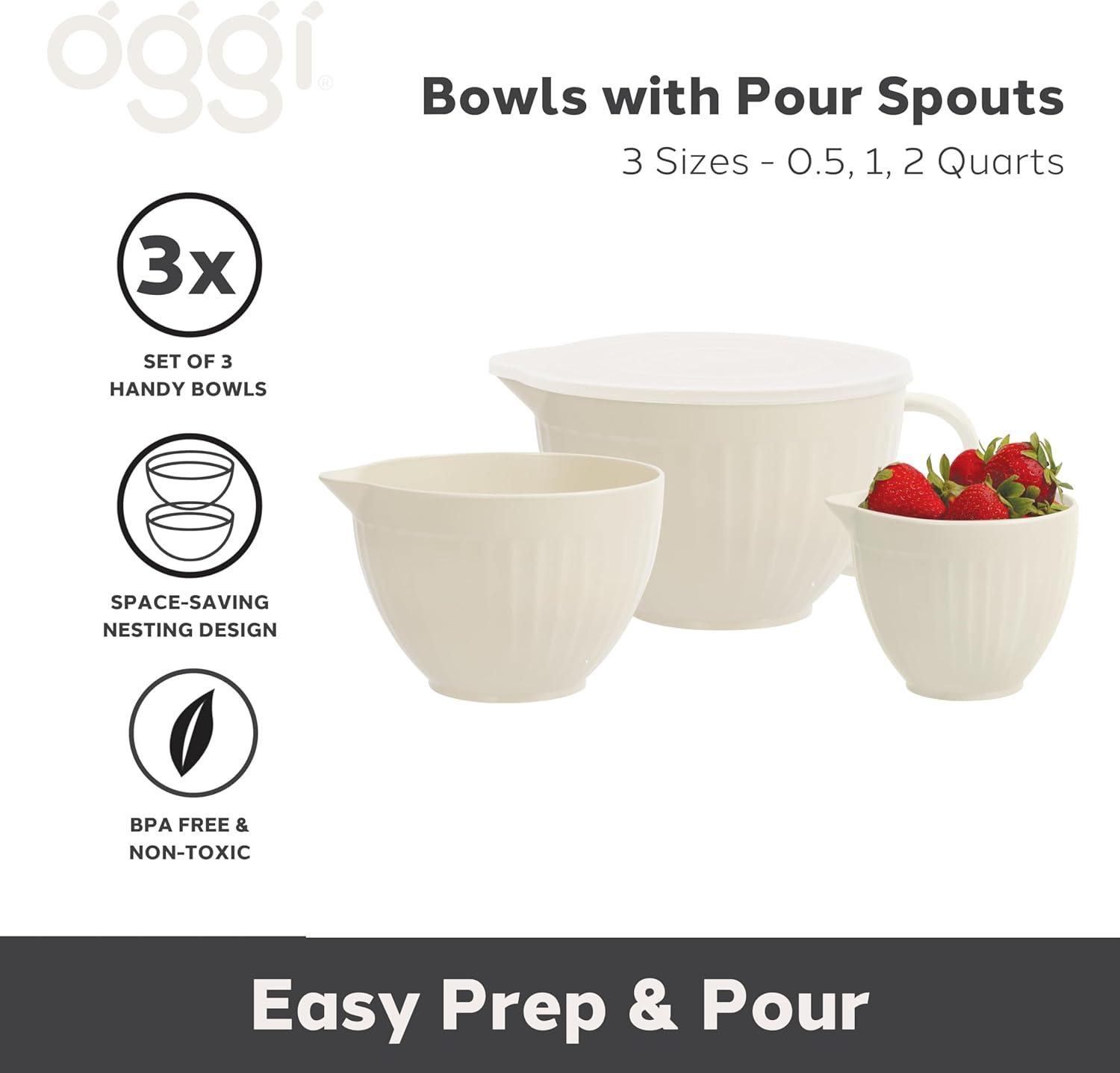 imageOggi Set of 3 Mixing Bowls with Pour Spout  Nested Plastic Bowls for Kitchen Durable Mixing Bowls with Lids Set BPAFree Plastic Bowls with Lids  05 1 2 Qt