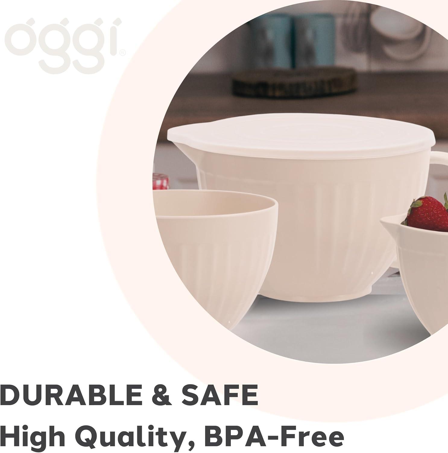 imageOggi Set of 3 Mixing Bowls with Pour Spout  Nested Plastic Bowls for Kitchen Durable Mixing Bowls with Lids Set BPAFree Plastic Bowls with Lids  05 1 2 Qt