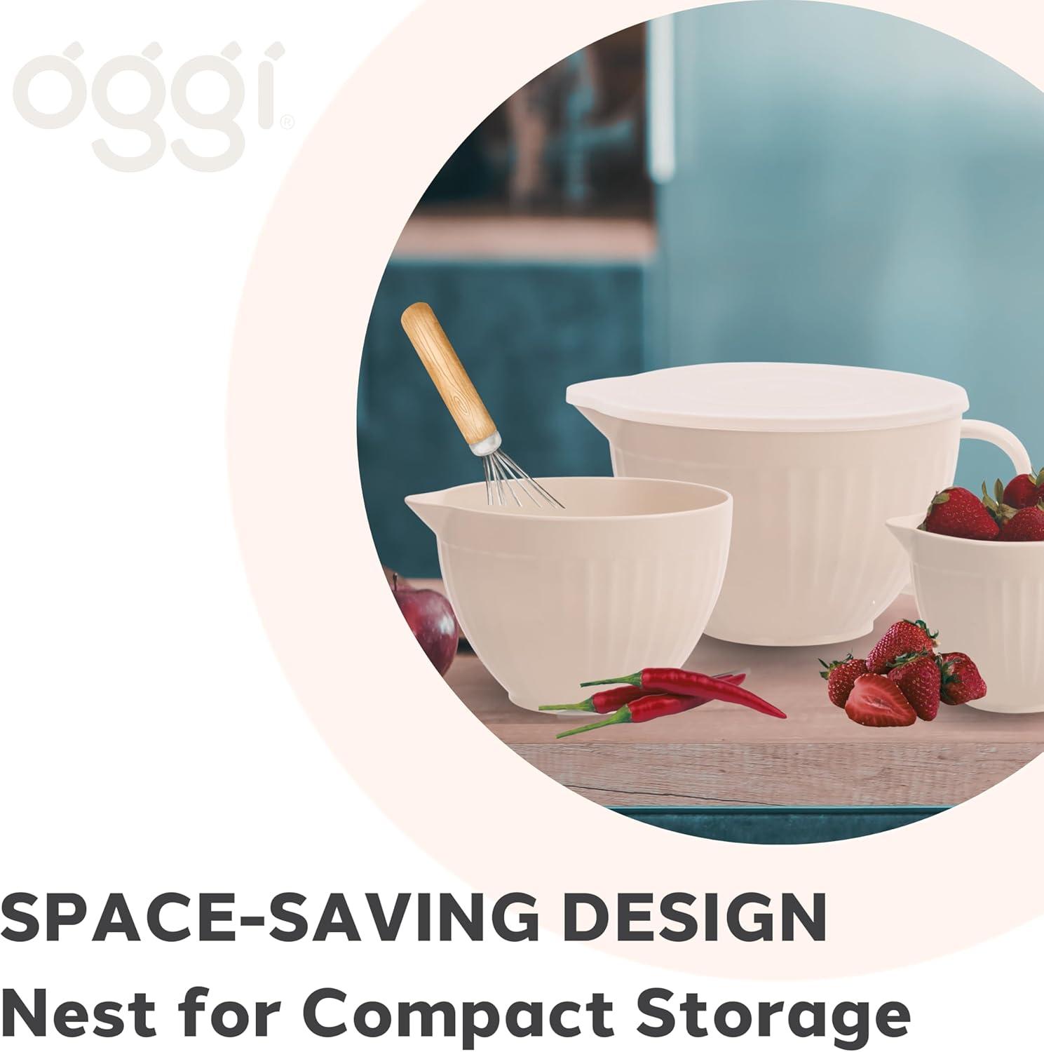 imageOggi Set of 3 Mixing Bowls with Pour Spout  Nested Plastic Bowls for Kitchen Durable Mixing Bowls with Lids Set BPAFree Plastic Bowls with Lids  05 1 2 Qt