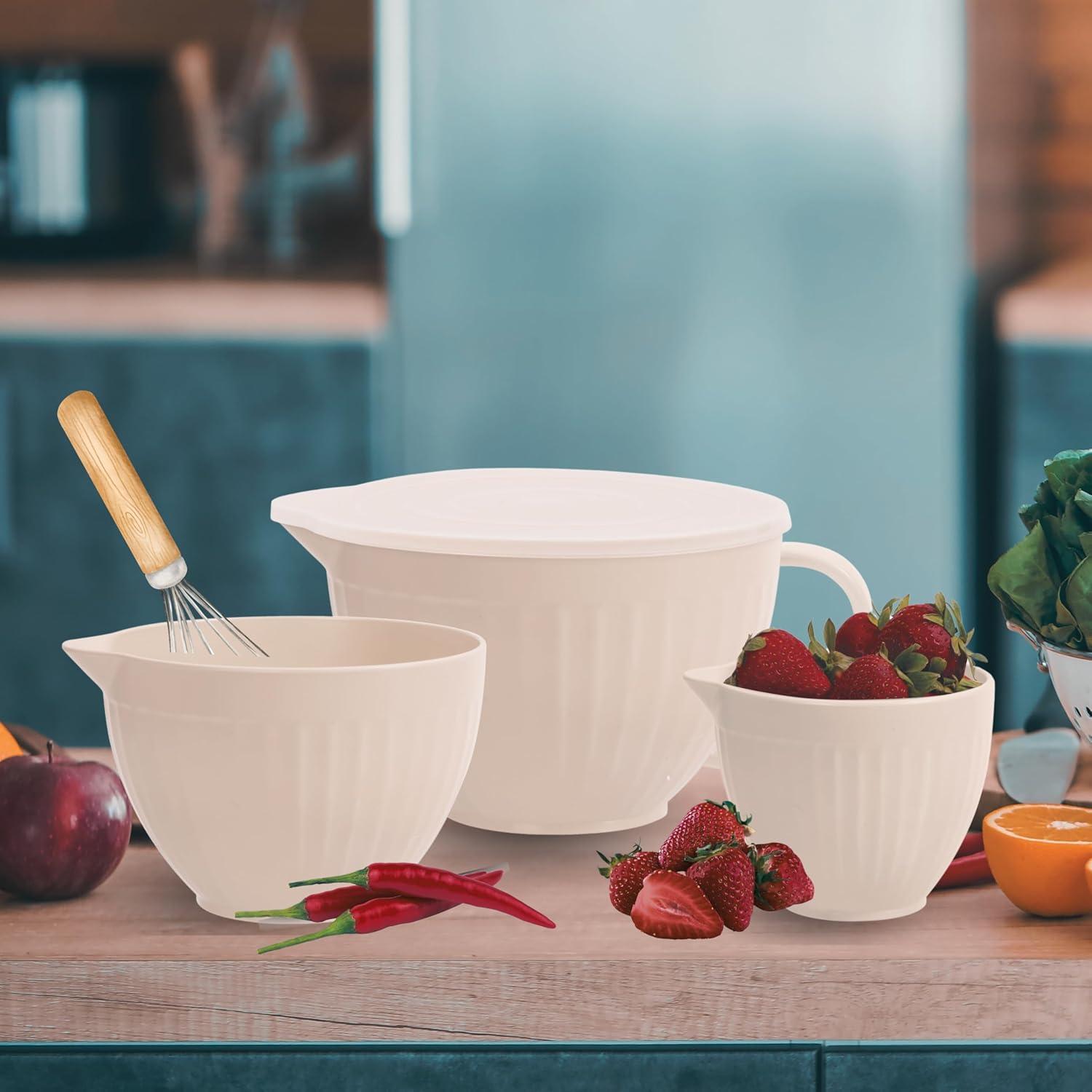 imageOggi Set of 3 Mixing Bowls with Pour Spout  Nested Plastic Bowls for Kitchen Durable Mixing Bowls with Lids Set BPAFree Plastic Bowls with Lids  05 1 2 Qt