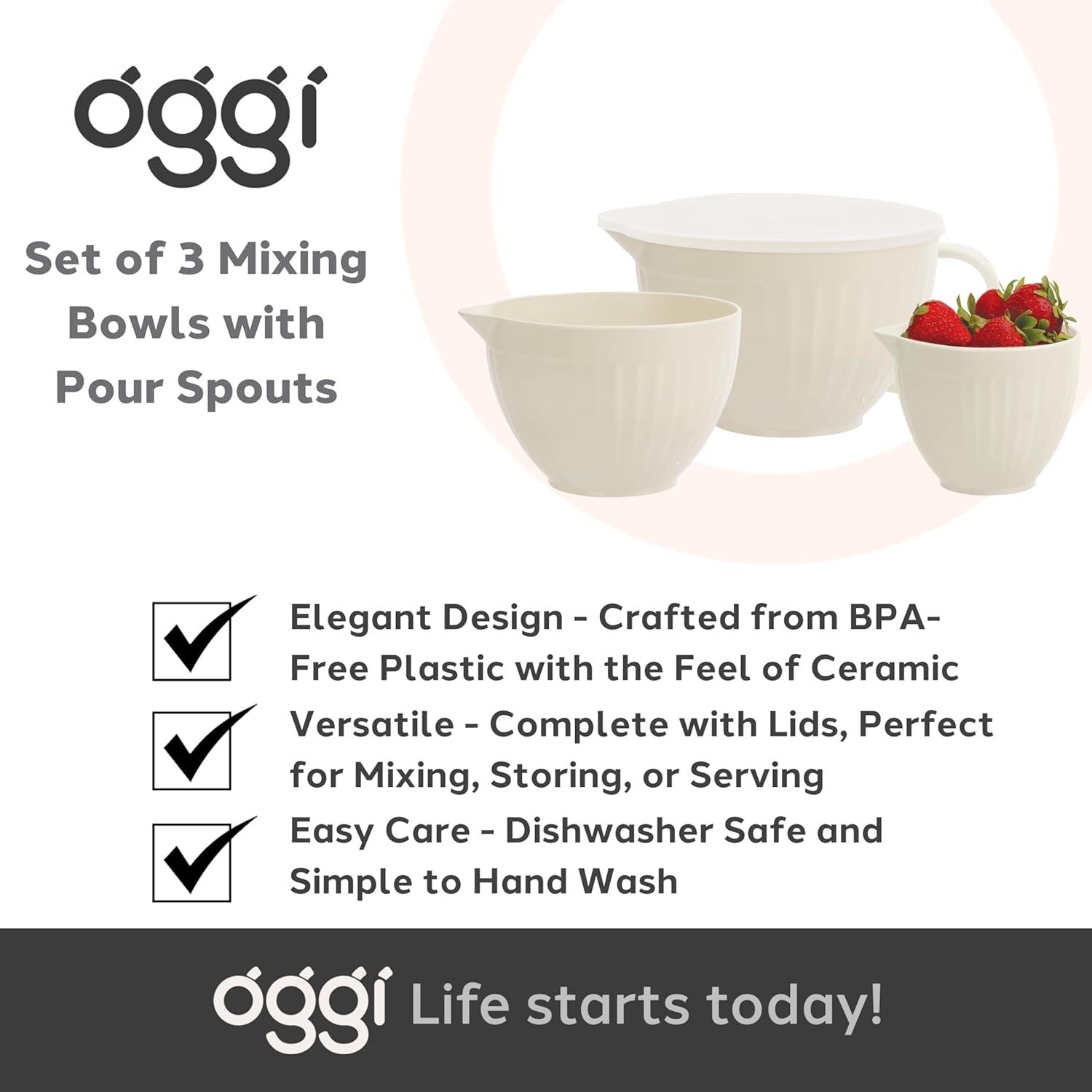 imageOggi Set of 3 Mixing Bowls with Pour Spout  Nested Plastic Bowls for Kitchen Durable Mixing Bowls with Lids Set BPAFree Plastic Bowls with Lids  05 1 2 Qt
