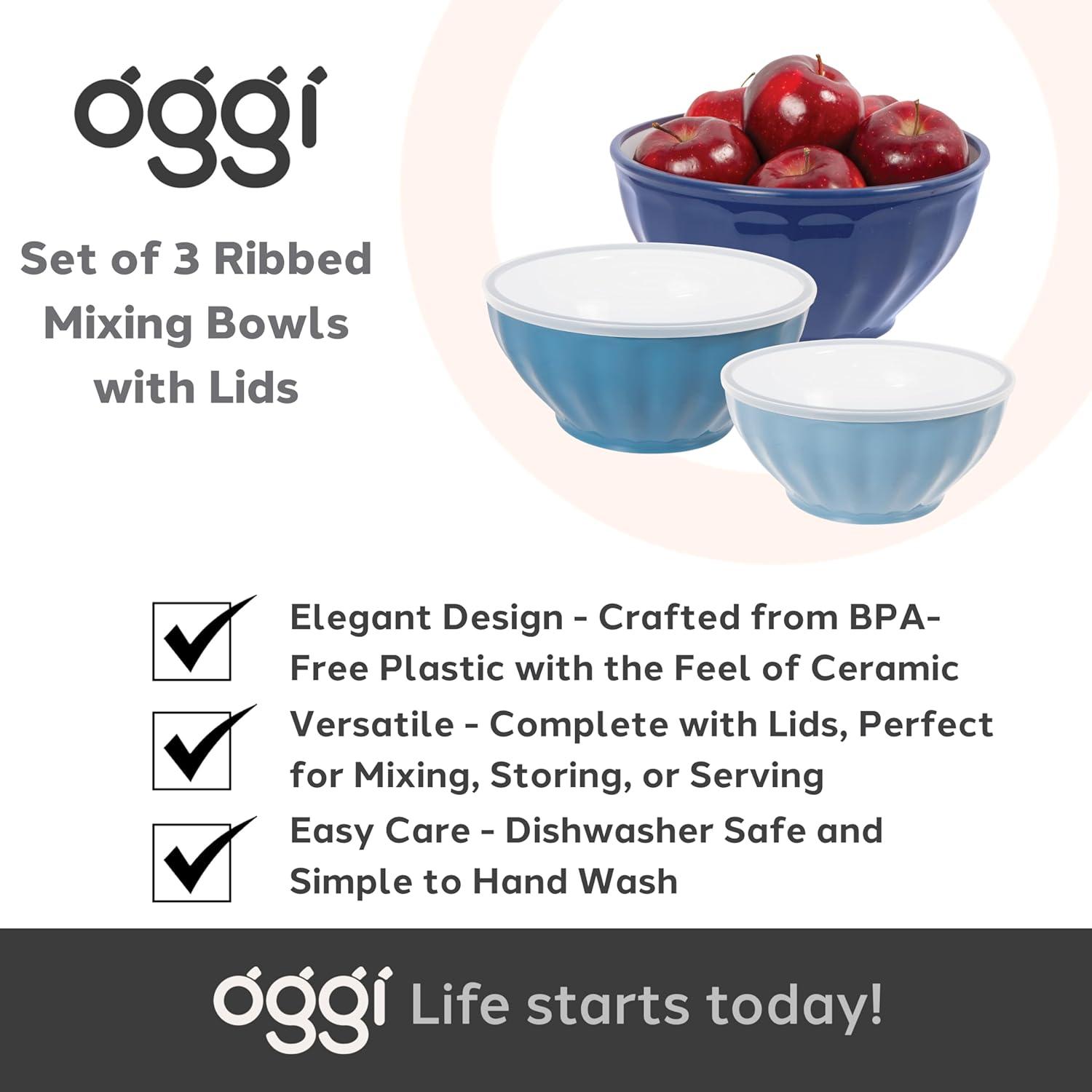imageOggi Set of 3 Ribbed Mixing Bowls with Lids  Nested Plastic Bowls for Kitchen Durable Mixing Bowls Set BPAFree Plastic Bowls with Lids  16 26 37 Qt
