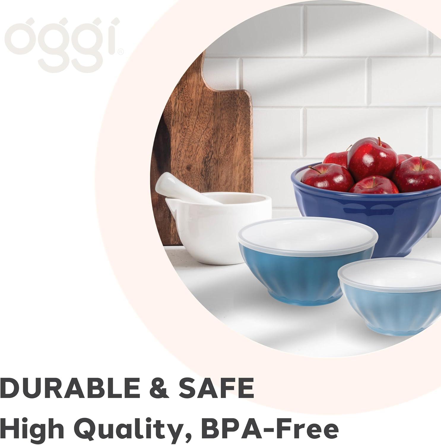 imageOggi Set of 3 Ribbed Mixing Bowls with Lids  Nested Plastic Bowls for Kitchen Durable Mixing Bowls Set BPAFree Plastic Bowls with Lids  16 26 37 Qt