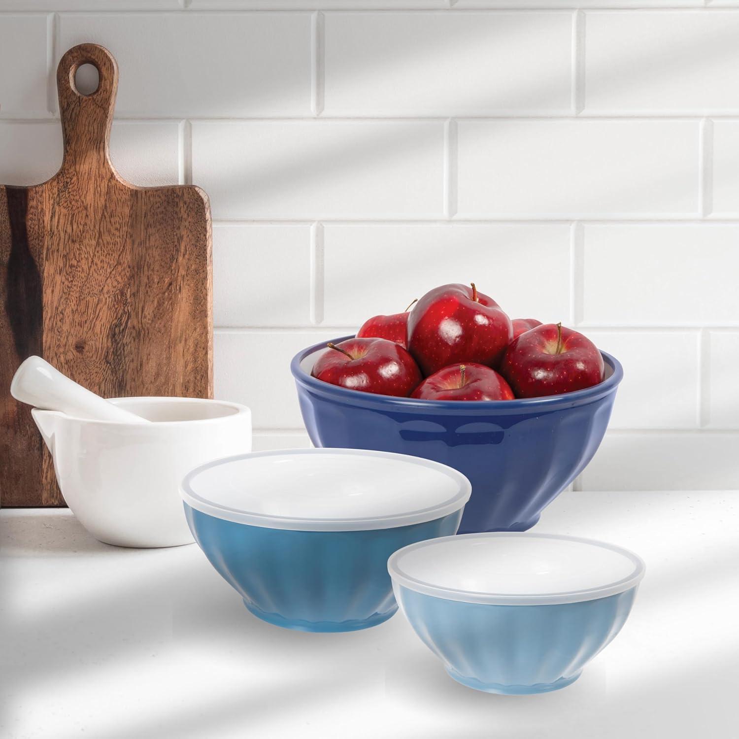 imageOggi Set of 3 Ribbed Mixing Bowls with Lids  Nested Plastic Bowls for Kitchen Durable Mixing Bowls Set BPAFree Plastic Bowls with Lids  16 26 37 Qt