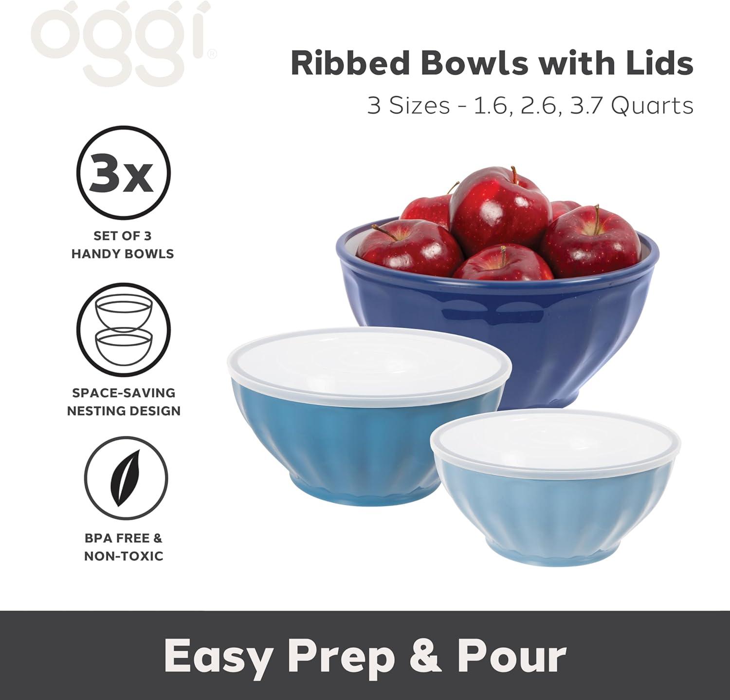 imageOggi Set of 3 Ribbed Mixing Bowls with Lids  Nested Plastic Bowls for Kitchen Durable Mixing Bowls Set BPAFree Plastic Bowls with Lids  16 26 37 Qt