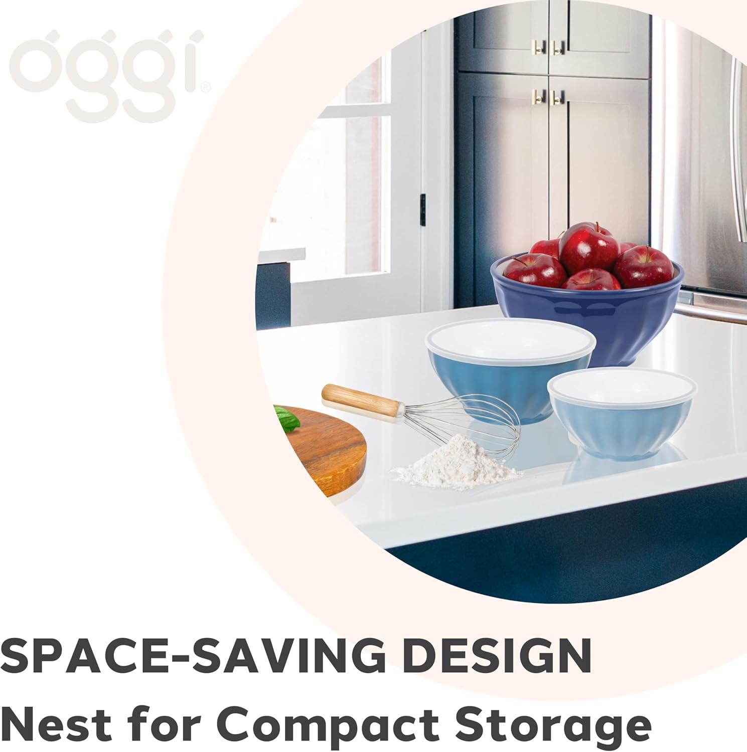 imageOggi Set of 3 Ribbed Mixing Bowls with Lids  Nested Plastic Bowls for Kitchen Durable Mixing Bowls Set BPAFree Plastic Bowls with Lids  16 26 37 Qt