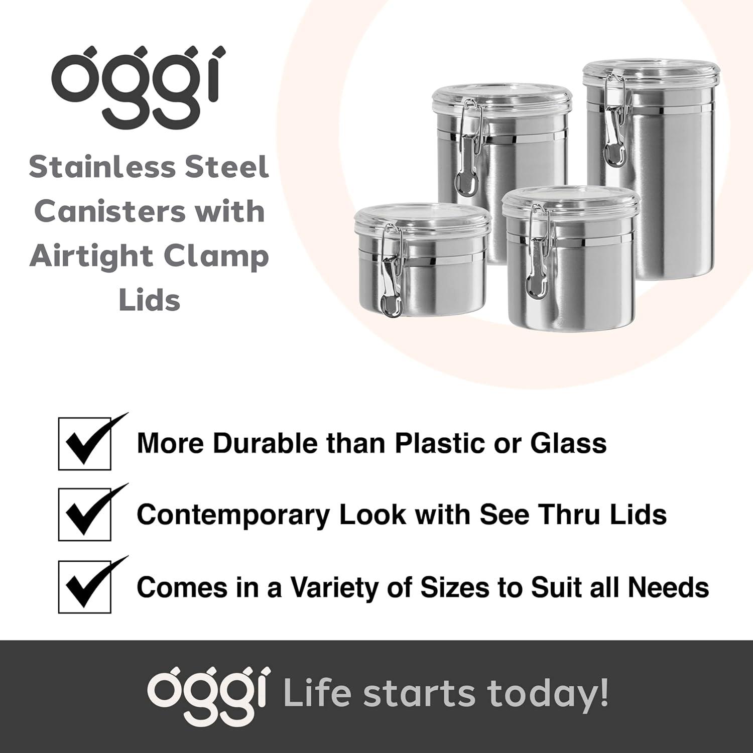 imageOggi Set of 4 Stainless Steel Kitchen Canisters  Airtight Clamp Lid Clear SeeThru Top  Ideal for Kitchen Storage Food Storage Pantry Storage  Includes 1 each 26oz 36oz 47oz 62oz4pc New