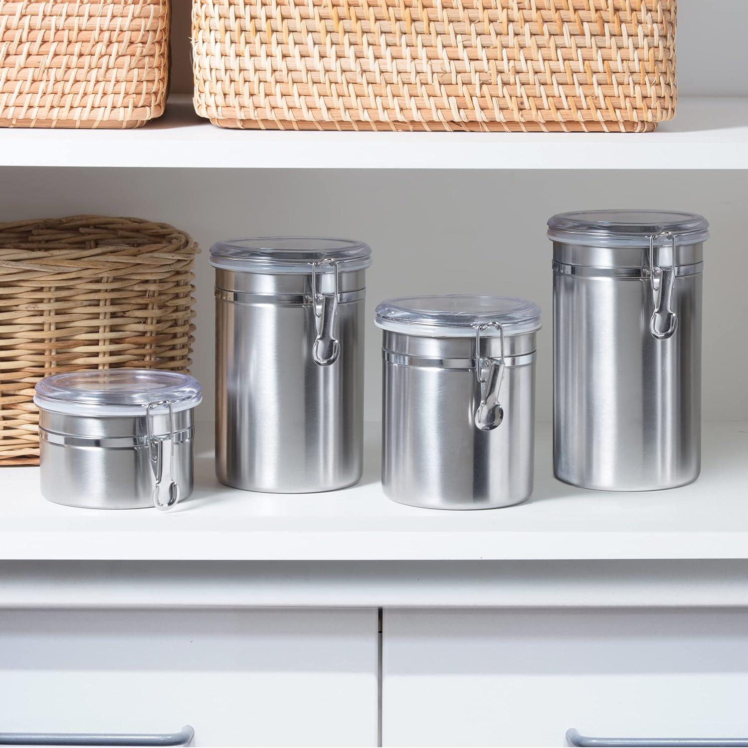 imageOggi Set of 4 Stainless Steel Kitchen Canisters  Airtight Clamp Lid Clear SeeThru Top  Ideal for Kitchen Storage Food Storage Pantry Storage  Includes 1 each 26oz 36oz 47oz 62oz4pc New