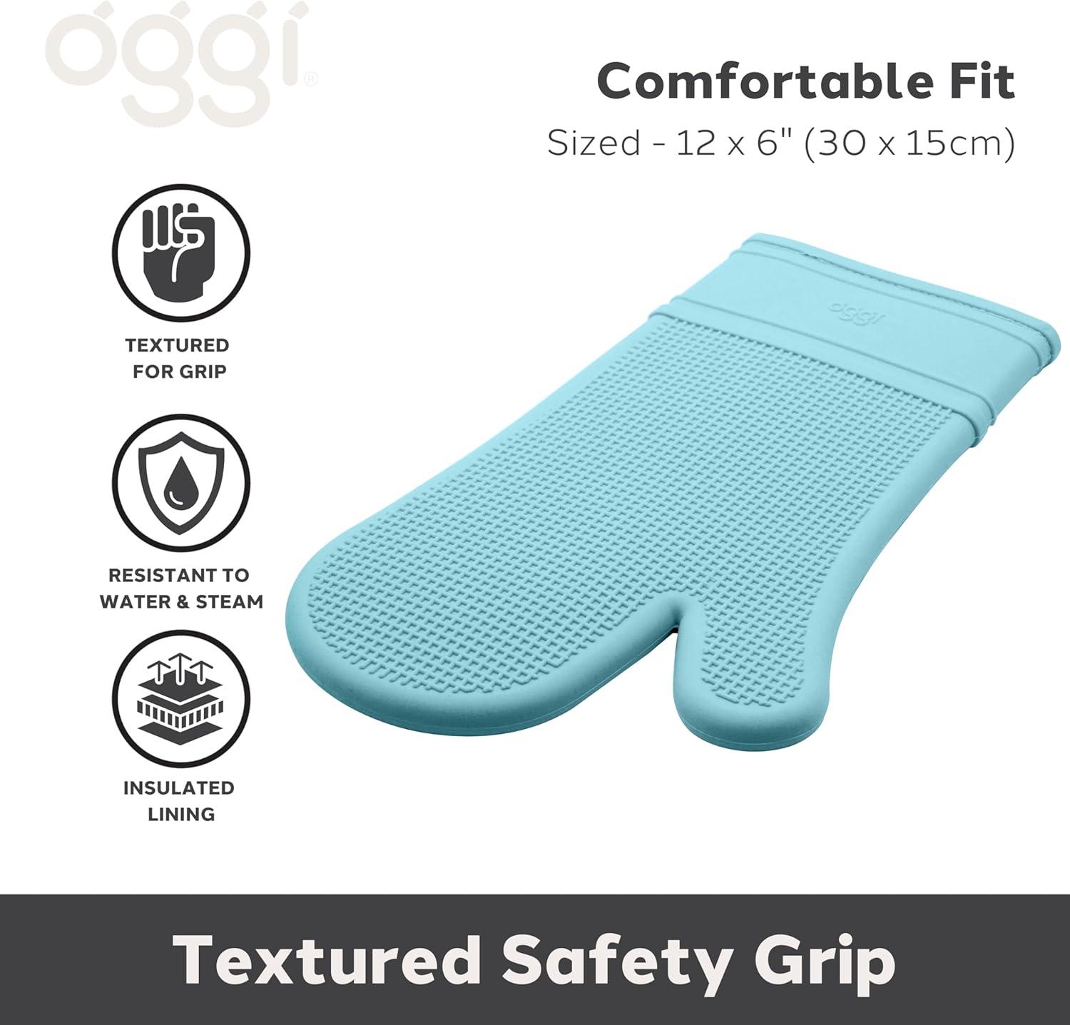 imageOggi Silicone Oven Mitt  Heat Resistant Gloves for Cooking Kitchen Mitts for Oven NonSlip Heat Resistant Oven Mitts Silicone EasytoClean Oven Glove with Textured Grip 12quotx6quot GreyTurquoise