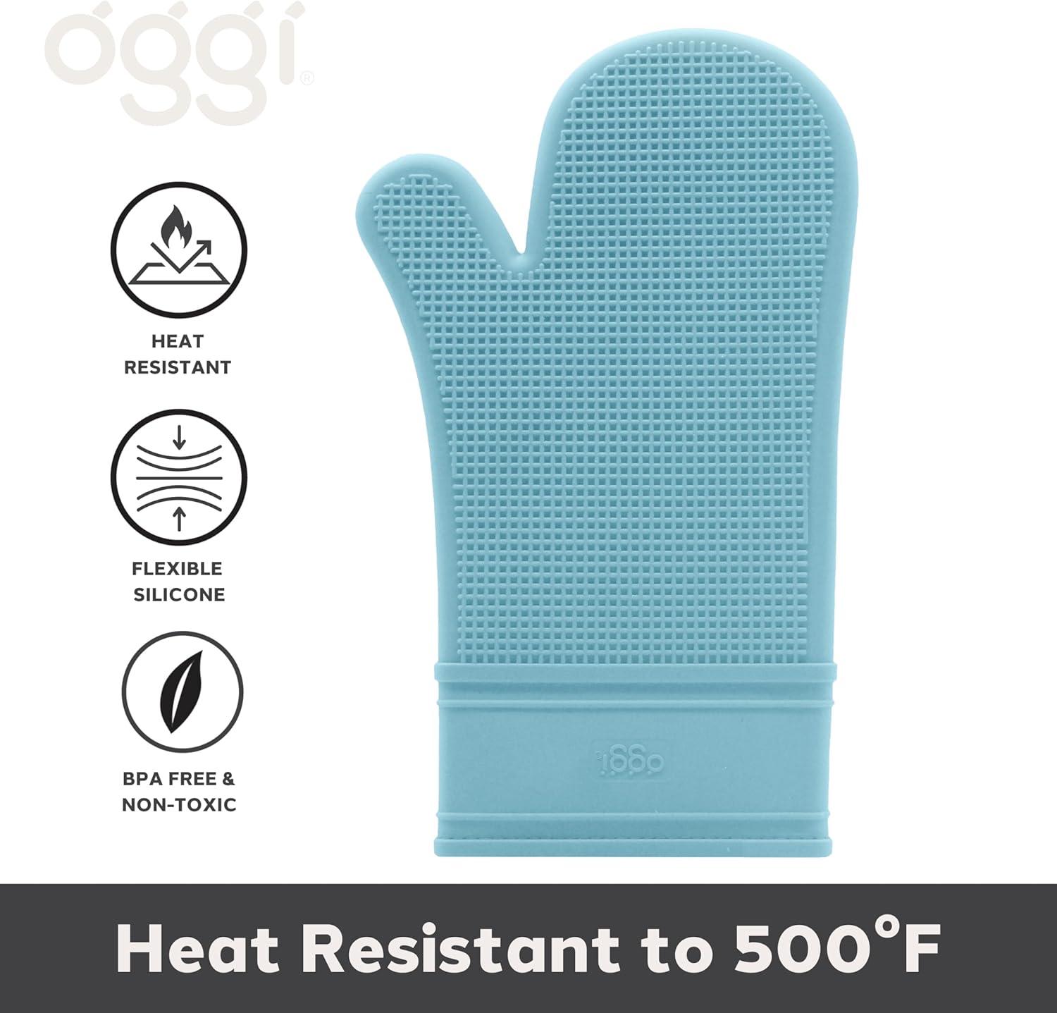 imageOggi Silicone Oven Mitt  Heat Resistant Gloves for Cooking Kitchen Mitts for Oven NonSlip Heat Resistant Oven Mitts Silicone EasytoClean Oven Glove with Textured Grip 12quotx6quot GreyTurquoise