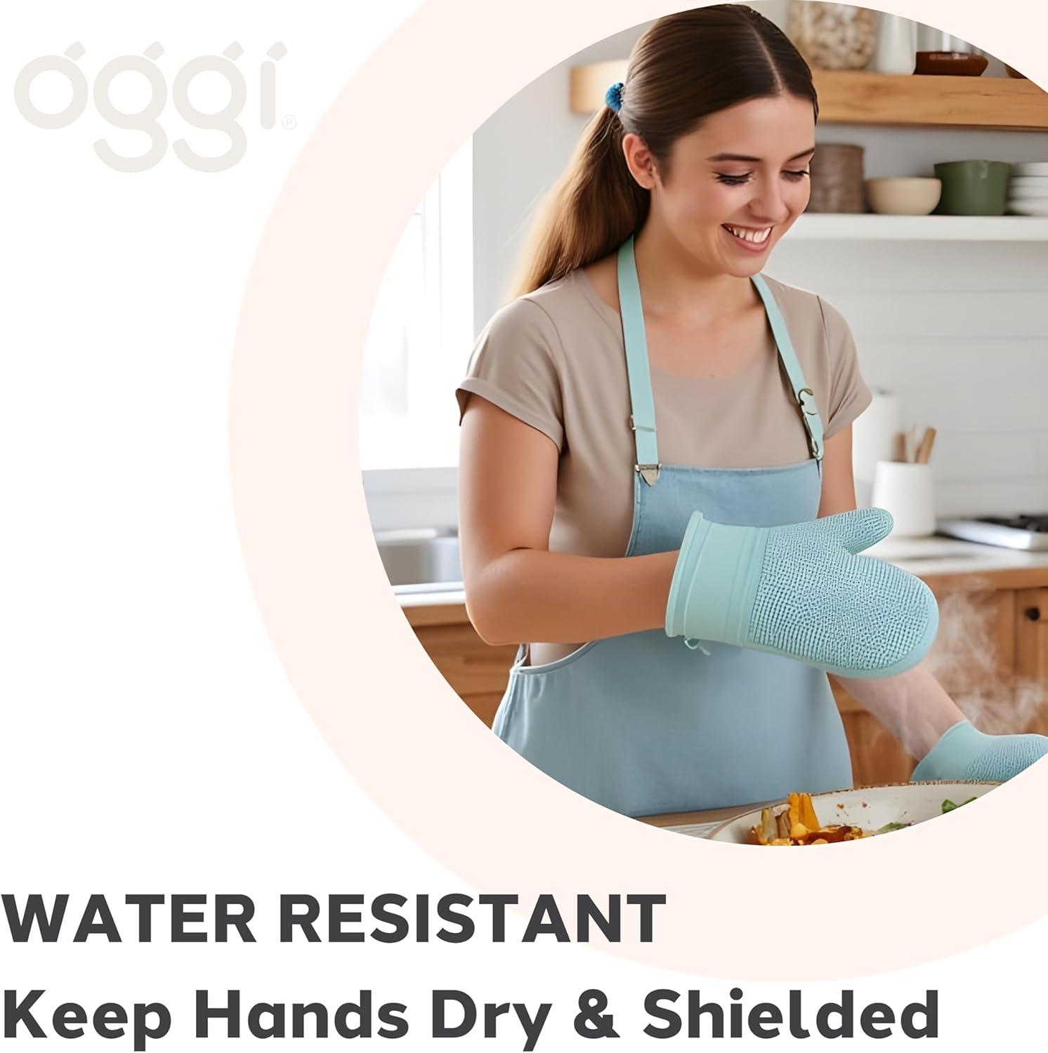 imageOggi Silicone Oven Mitt  Heat Resistant Gloves for Cooking Kitchen Mitts for Oven NonSlip Heat Resistant Oven Mitts Silicone EasytoClean Oven Glove with Textured Grip 12quotx6quot GreyTurquoise