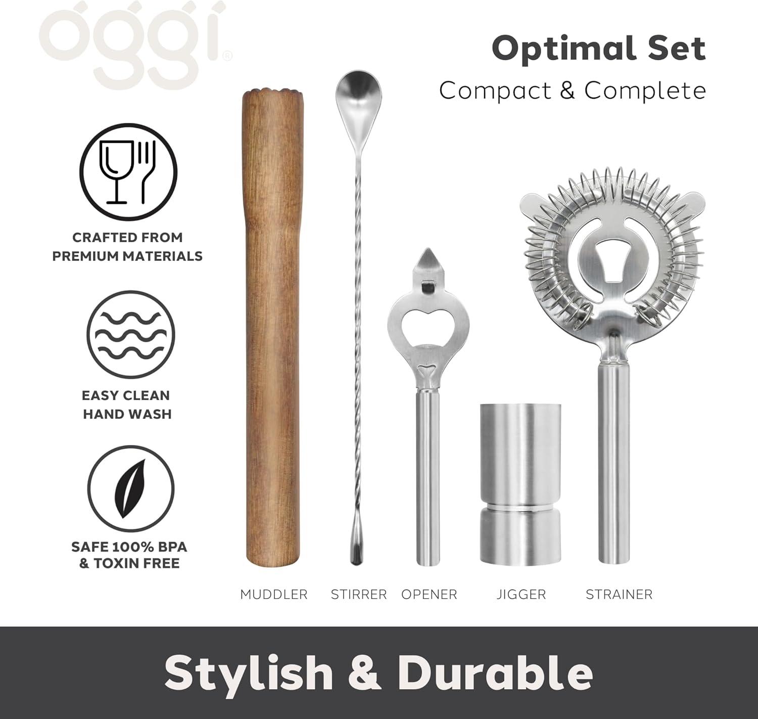 imageOGGI 6Piece Slim Bartender Kit  Ideal Bar Cart Accessories Great Decor and Accessories for the Home Bar Bartending Kit  Acacia Base ampamp Muddler Stainless Stirrer Opener Jigger Cocktail Strainer
