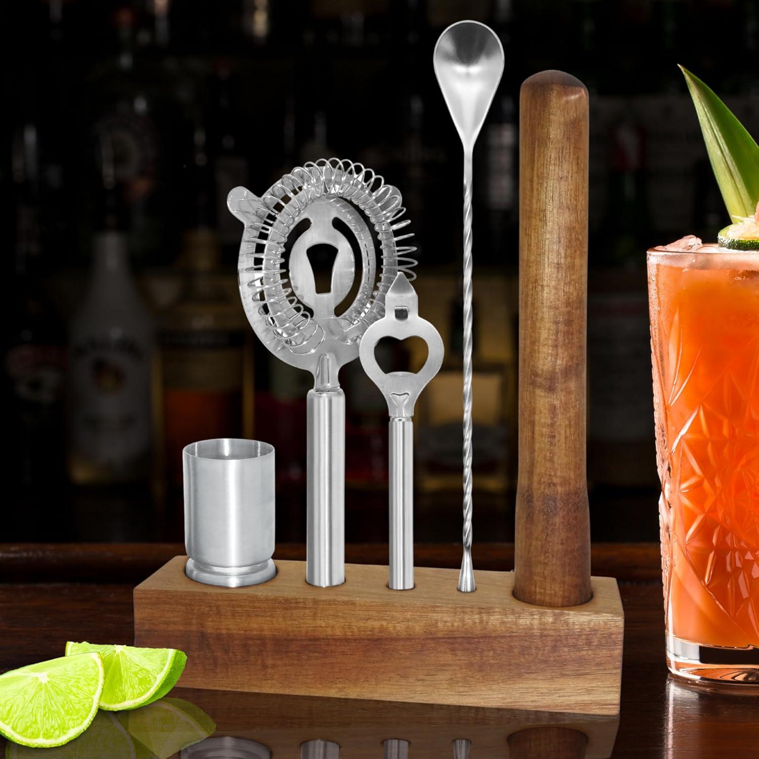 imageOGGI 6Piece Slim Bartender Kit  Ideal Bar Cart Accessories Great Decor and Accessories for the Home Bar Bartending Kit  Acacia Base ampamp Muddler Stainless Stirrer Opener Jigger Cocktail Strainer