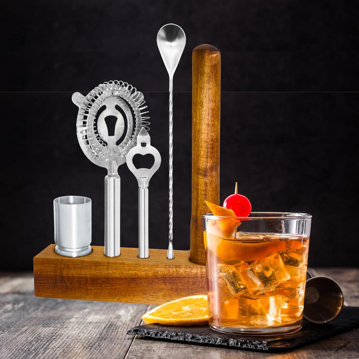 imageOGGI 6Piece Slim Bartender Kit  Ideal Bar Cart Accessories Great Decor and Accessories for the Home Bar Bartending Kit  Acacia Base ampamp Muddler Stainless Stirrer Opener Jigger Cocktail Strainer