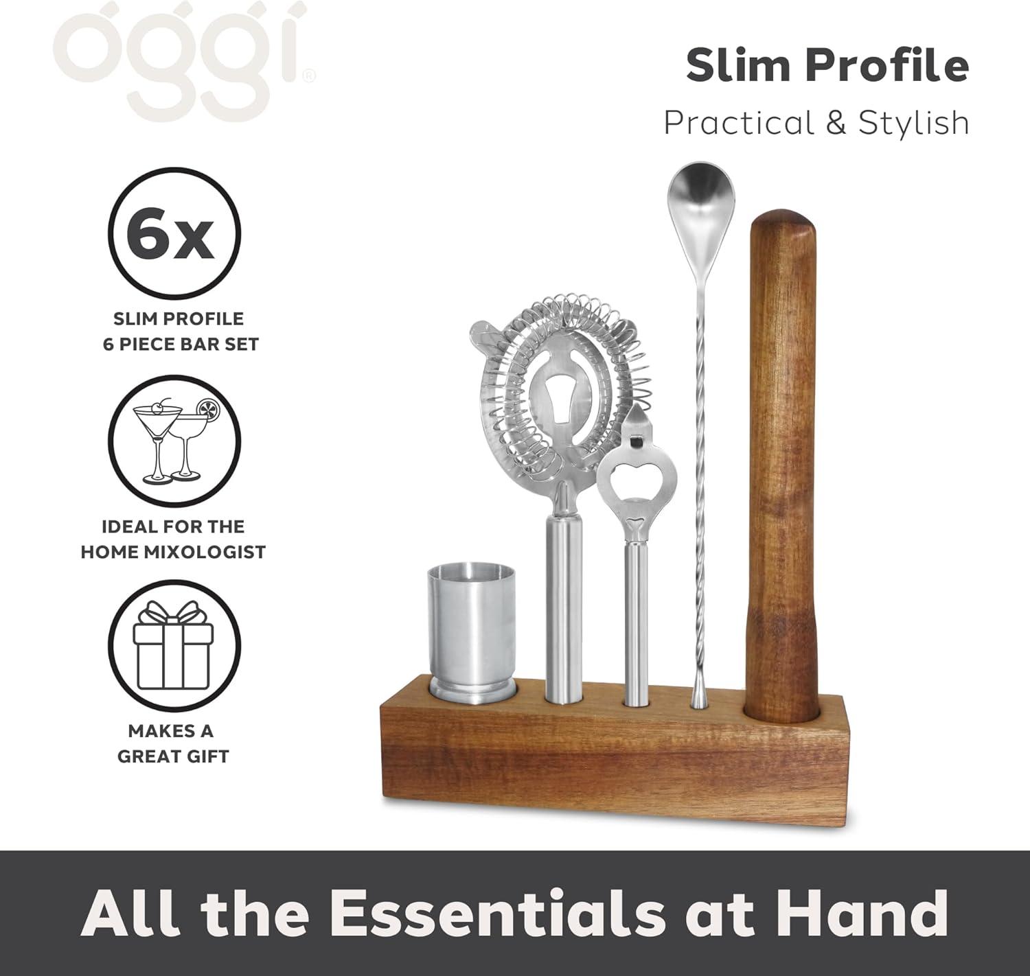 imageOGGI 6Piece Slim Bartender Kit  Ideal Bar Cart Accessories Great Decor and Accessories for the Home Bar Bartending Kit  Acacia Base ampamp Muddler Stainless Stirrer Opener Jigger Cocktail Strainer