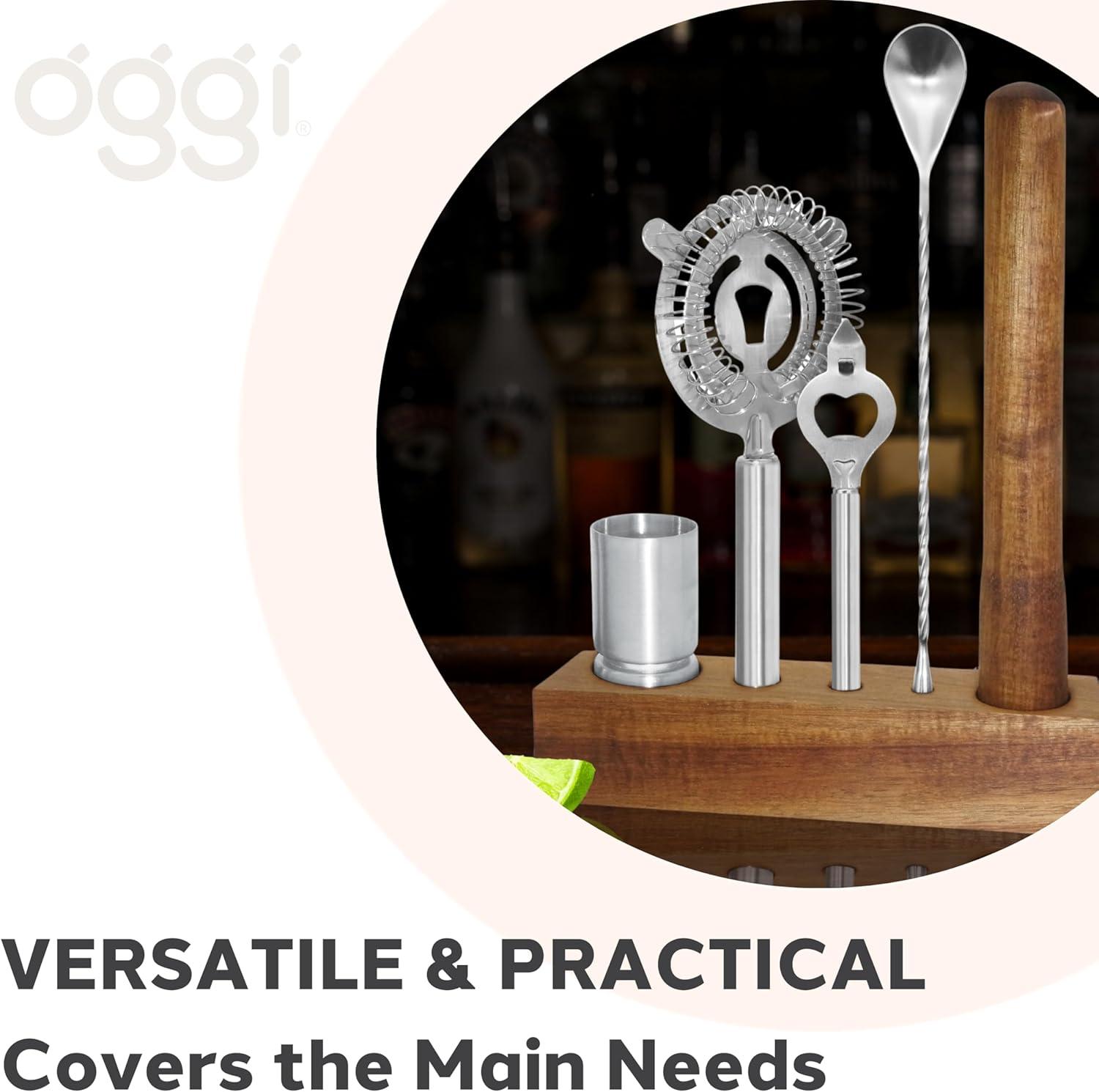 imageOGGI 6Piece Slim Bartender Kit  Ideal Bar Cart Accessories Great Decor and Accessories for the Home Bar Bartending Kit  Acacia Base ampamp Muddler Stainless Stirrer Opener Jigger Cocktail Strainer