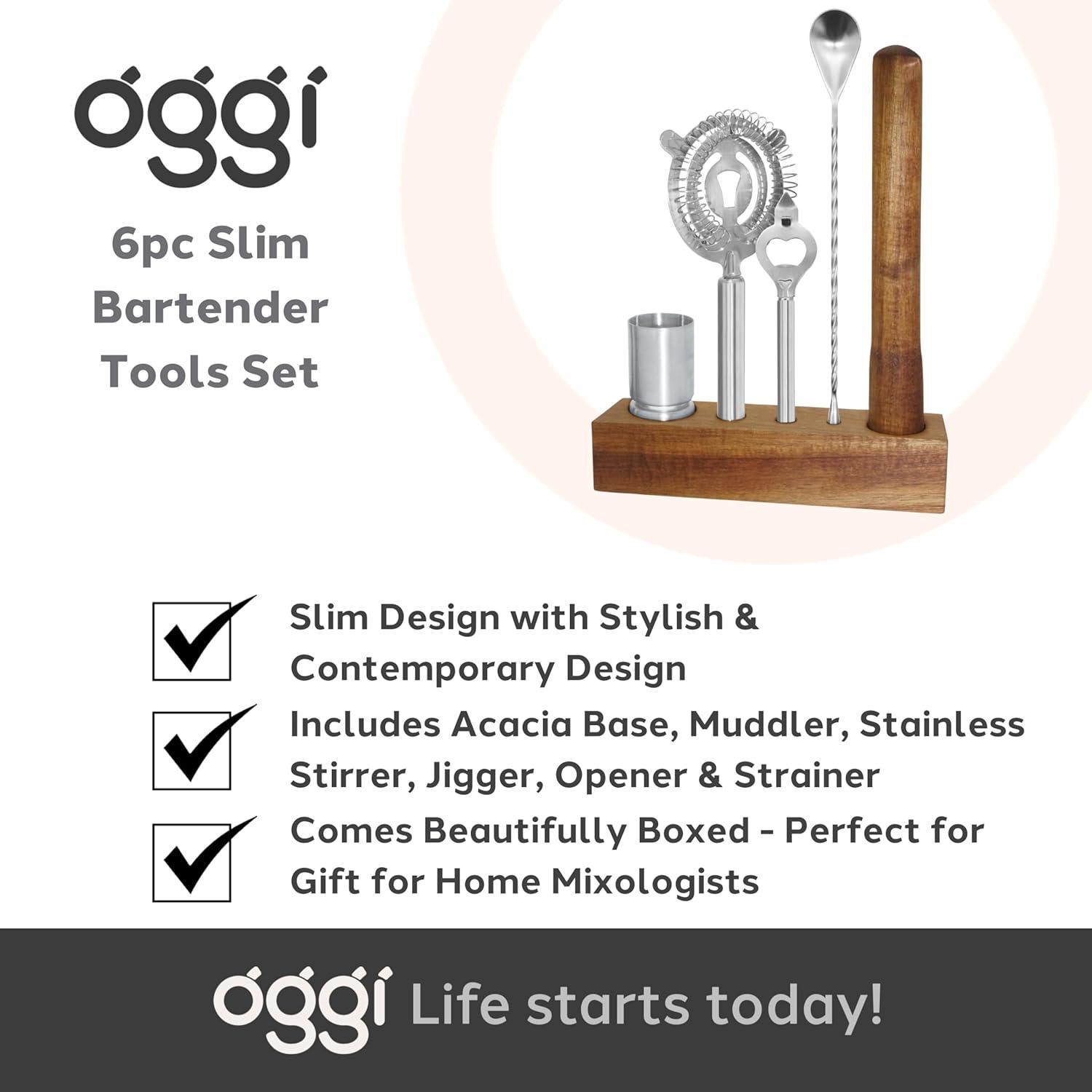 imageOGGI 6Piece Slim Bartender Kit  Ideal Bar Cart Accessories Great Decor and Accessories for the Home Bar Bartending Kit  Acacia Base ampamp Muddler Stainless Stirrer Opener Jigger Cocktail Strainer