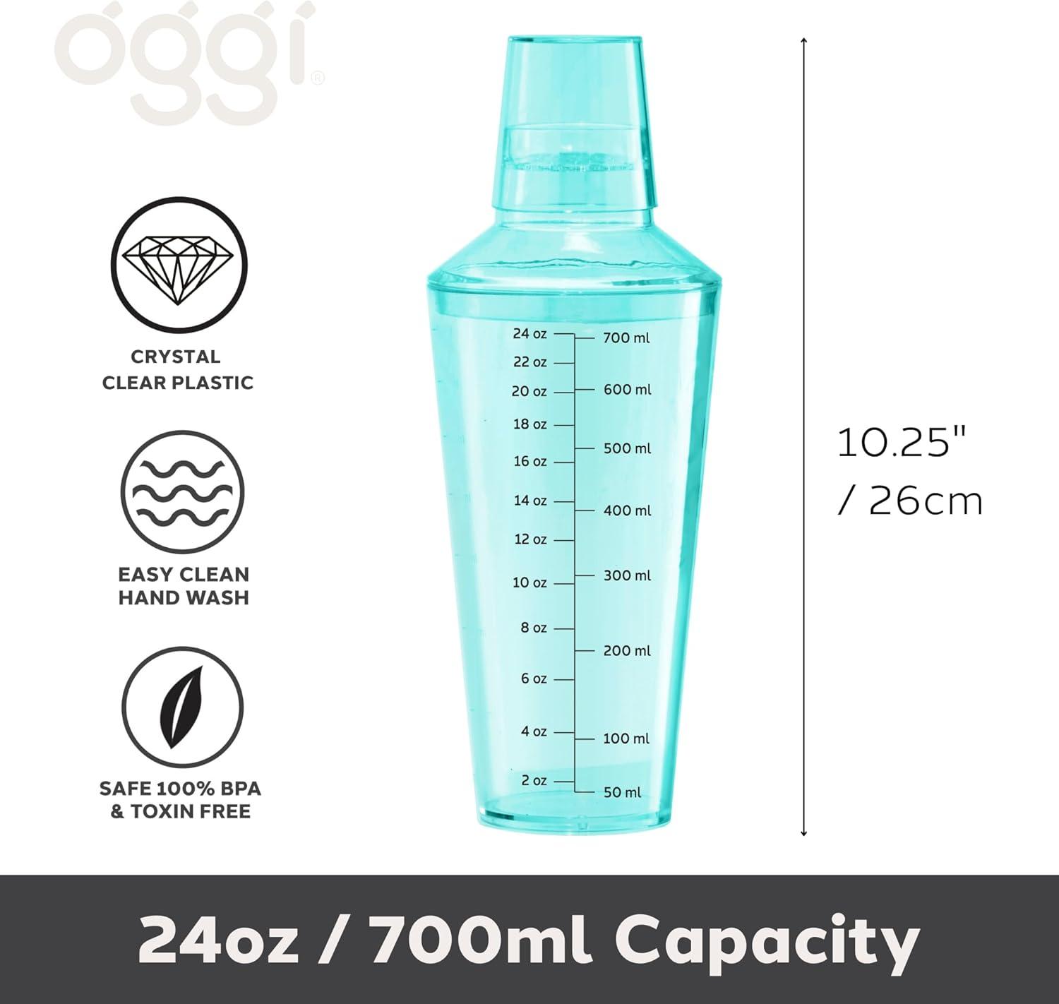 imageOGGI Clear Cocktail Shaker  24 oz  700 ml Clear Durable Plastic Construction Built in Strainer  Ideal Home Bar Drink Mixer Bartender Kit Essential Bar Accessories AquaAqua