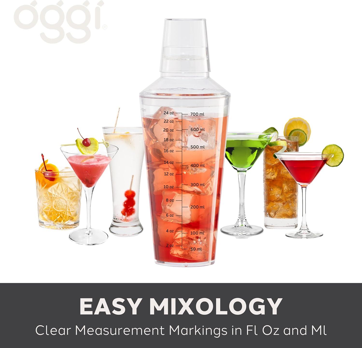 imageOGGI Clear Cocktail Shaker  24 oz  700 ml Clear Durable Plastic Construction Built in Strainer  Ideal Home Bar Drink Mixer Bartender Kit Essential Bar Accessories AquaClear