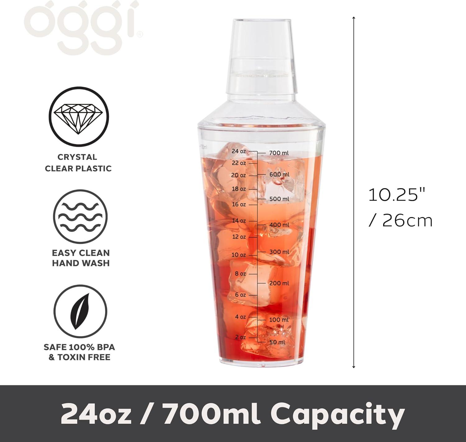 imageOGGI Clear Cocktail Shaker  24 oz  700 ml Clear Durable Plastic Construction Built in Strainer  Ideal Home Bar Drink Mixer Bartender Kit Essential Bar Accessories AquaClear