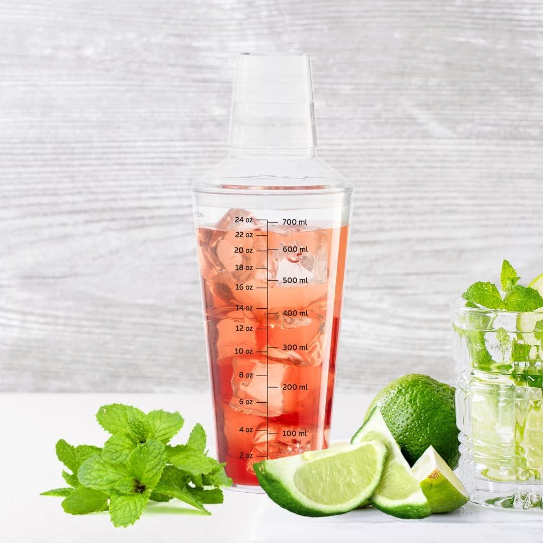 imageOGGI Clear Cocktail Shaker  24 oz  700 ml Clear Durable Plastic Construction Built in Strainer  Ideal Home Bar Drink Mixer Bartender Kit Essential Bar Accessories AquaClear