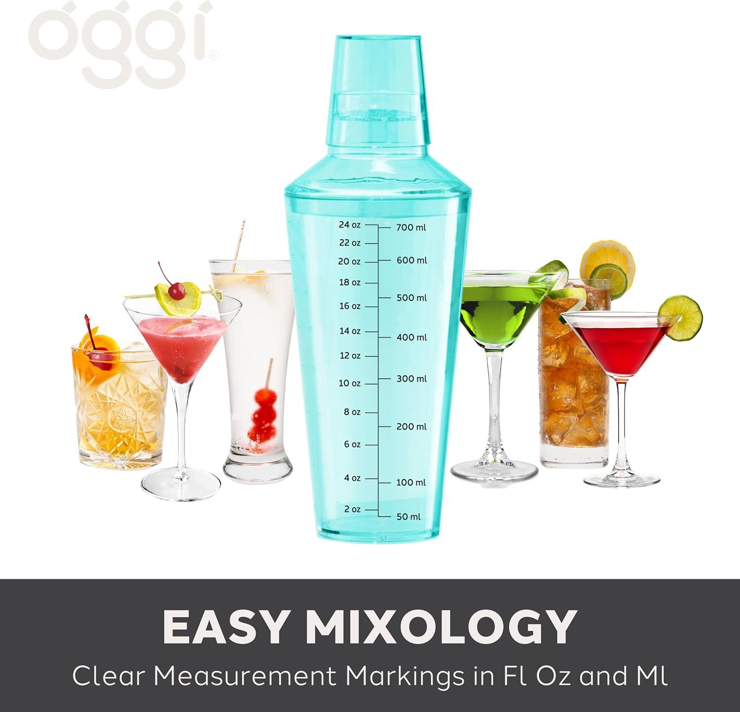 imageOGGI Clear Cocktail Shaker  24 oz  700 ml Clear Durable Plastic Construction Built in Strainer  Ideal Home Bar Drink Mixer Bartender Kit Essential Bar Accessories AquaAqua