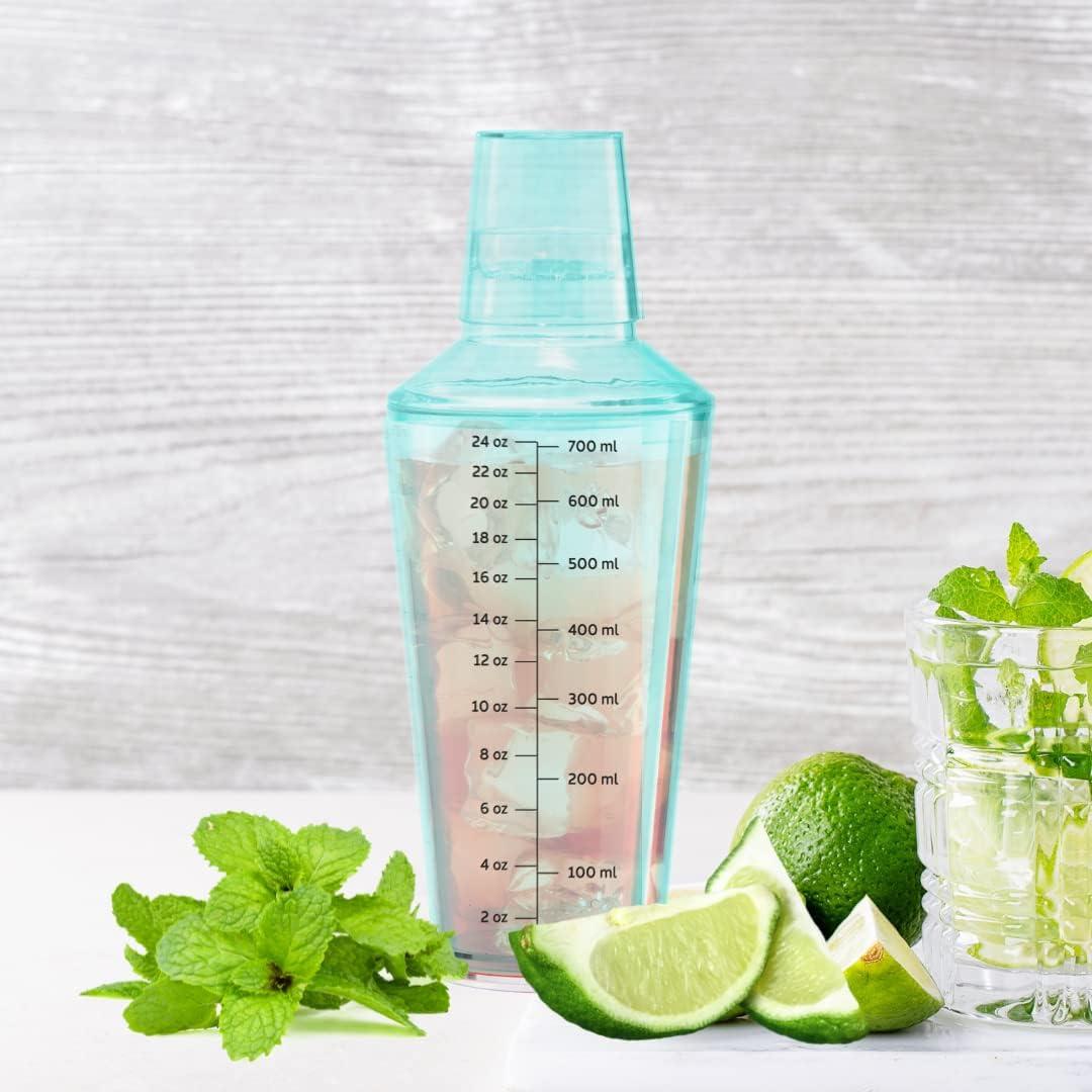 imageOGGI Clear Cocktail Shaker  24 oz  700 ml Clear Durable Plastic Construction Built in Strainer  Ideal Home Bar Drink Mixer Bartender Kit Essential Bar Accessories AquaAqua