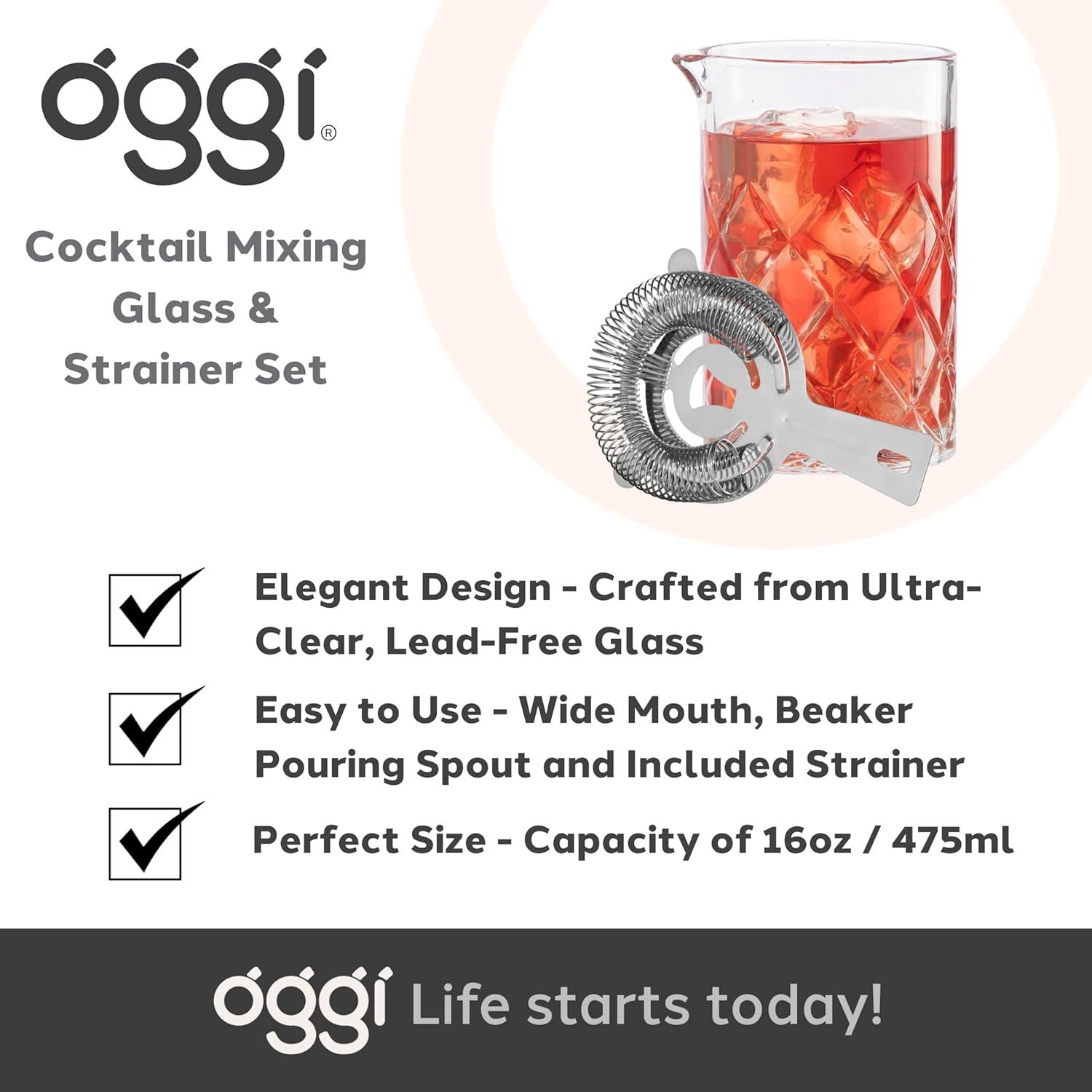 imageOGGI Cocktail Mixing Glass ampamp Strainer Set  Elegant Bar Mixing Set with 16oz Glass Beaker Essential Mixology Bartender Kit Old Fashioned Kit Includes Stainless Steel Hawthorne Strainer2Piece