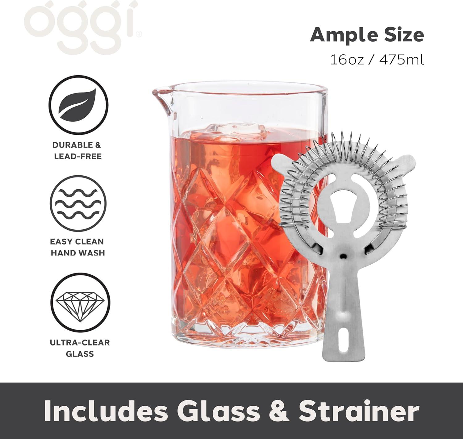 imageOGGI Cocktail Mixing Glass ampamp Strainer Set  Elegant Bar Mixing Set with 16oz Glass Beaker Essential Mixology Bartender Kit Old Fashioned Kit Includes Stainless Steel Hawthorne Strainer2Piece
