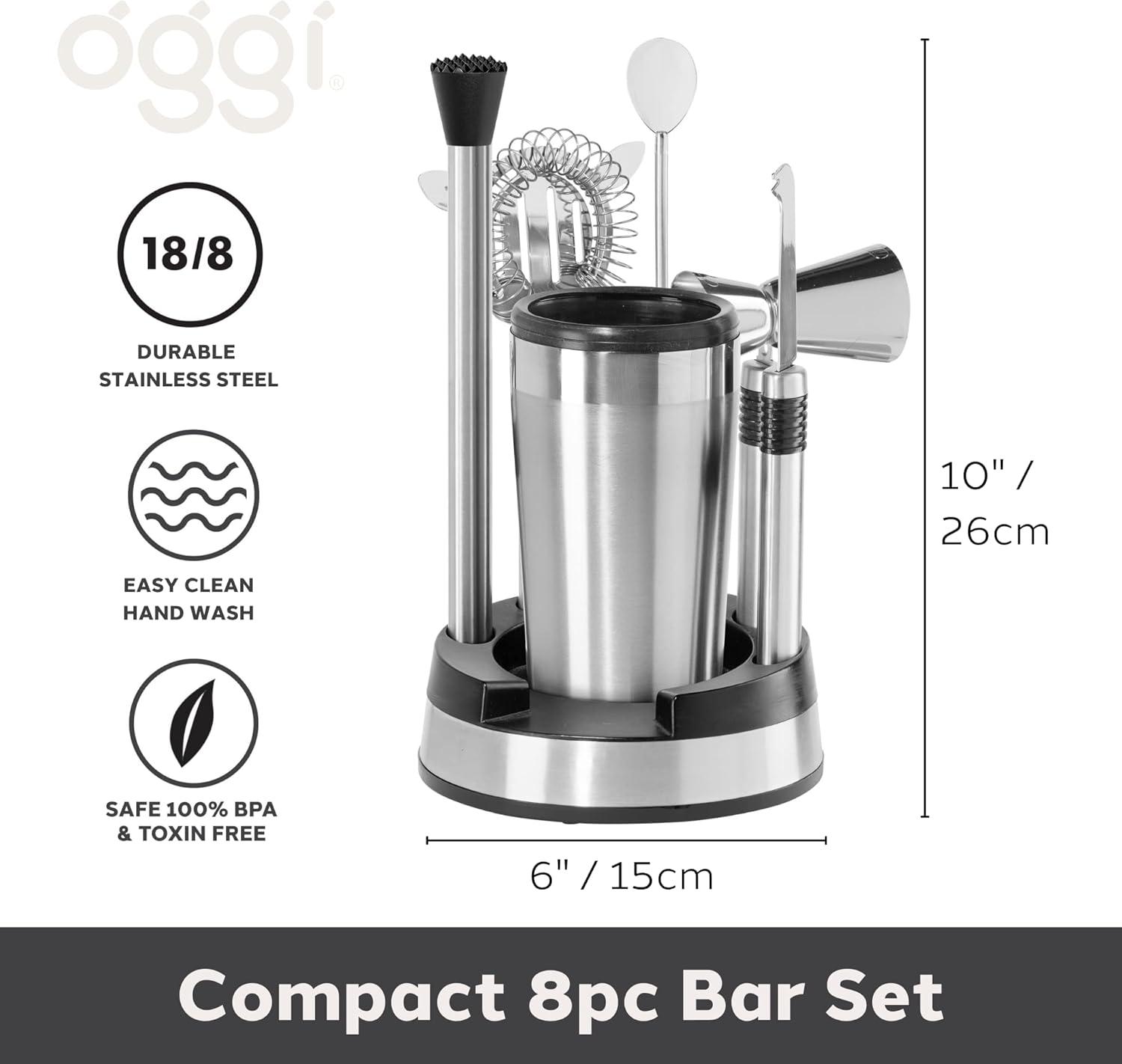 imageOGGI Compact Stainless Steel 8Piece Bar Tool Set Bartender Kit w Stand Stainless Steel Cocktail Set Ideal Bar Accessories Barware Set is Perfect for Bar Cart or Home Bar