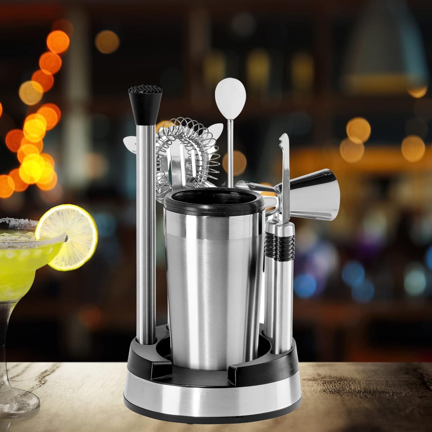 imageOGGI Compact Stainless Steel 8Piece Bar Tool Set Bartender Kit w Stand Stainless Steel Cocktail Set Ideal Bar Accessories Barware Set is Perfect for Bar Cart or Home Bar