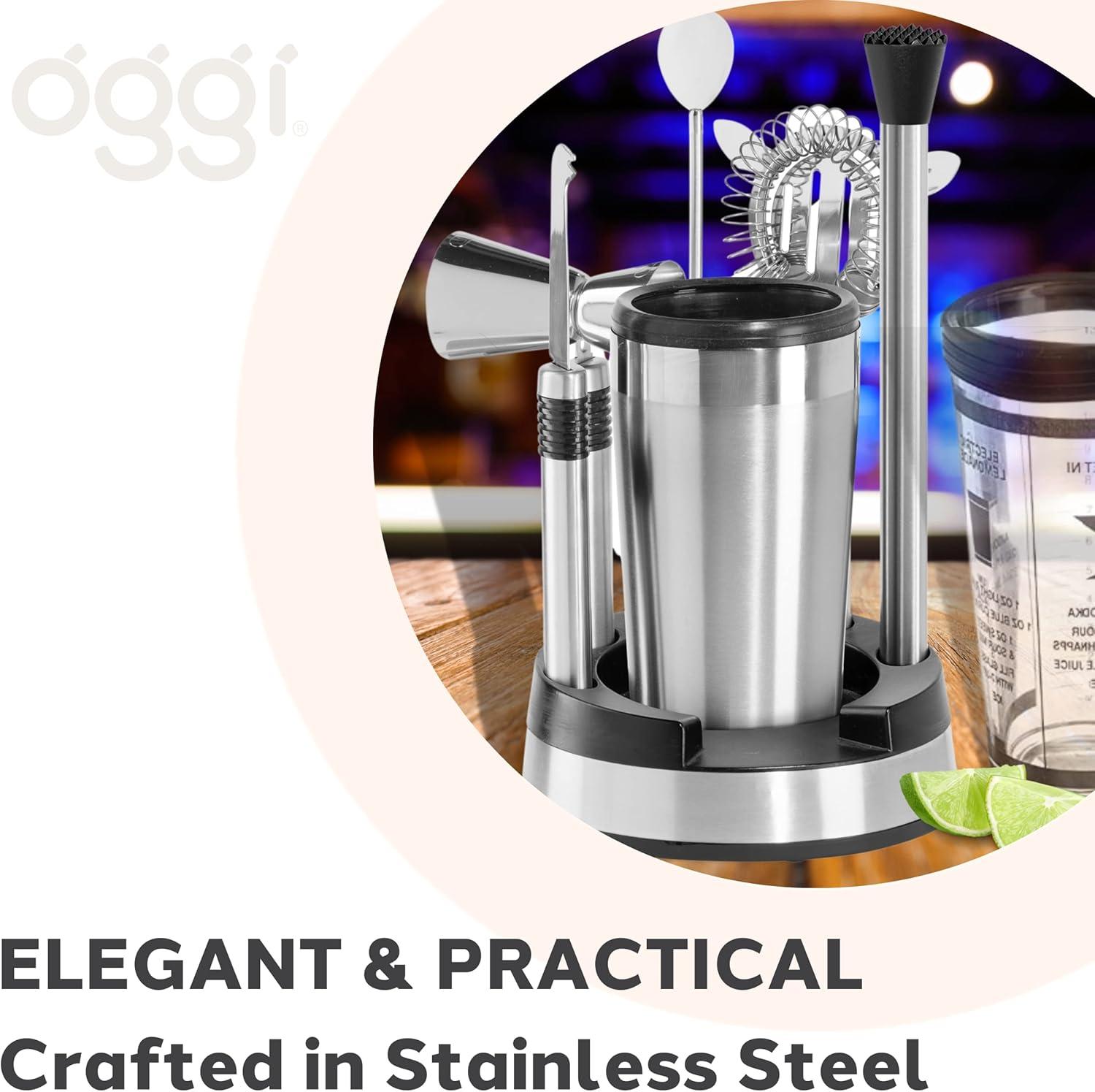 imageOGGI Compact Stainless Steel 8Piece Bar Tool Set Bartender Kit w Stand Stainless Steel Cocktail Set Ideal Bar Accessories Barware Set is Perfect for Bar Cart or Home Bar