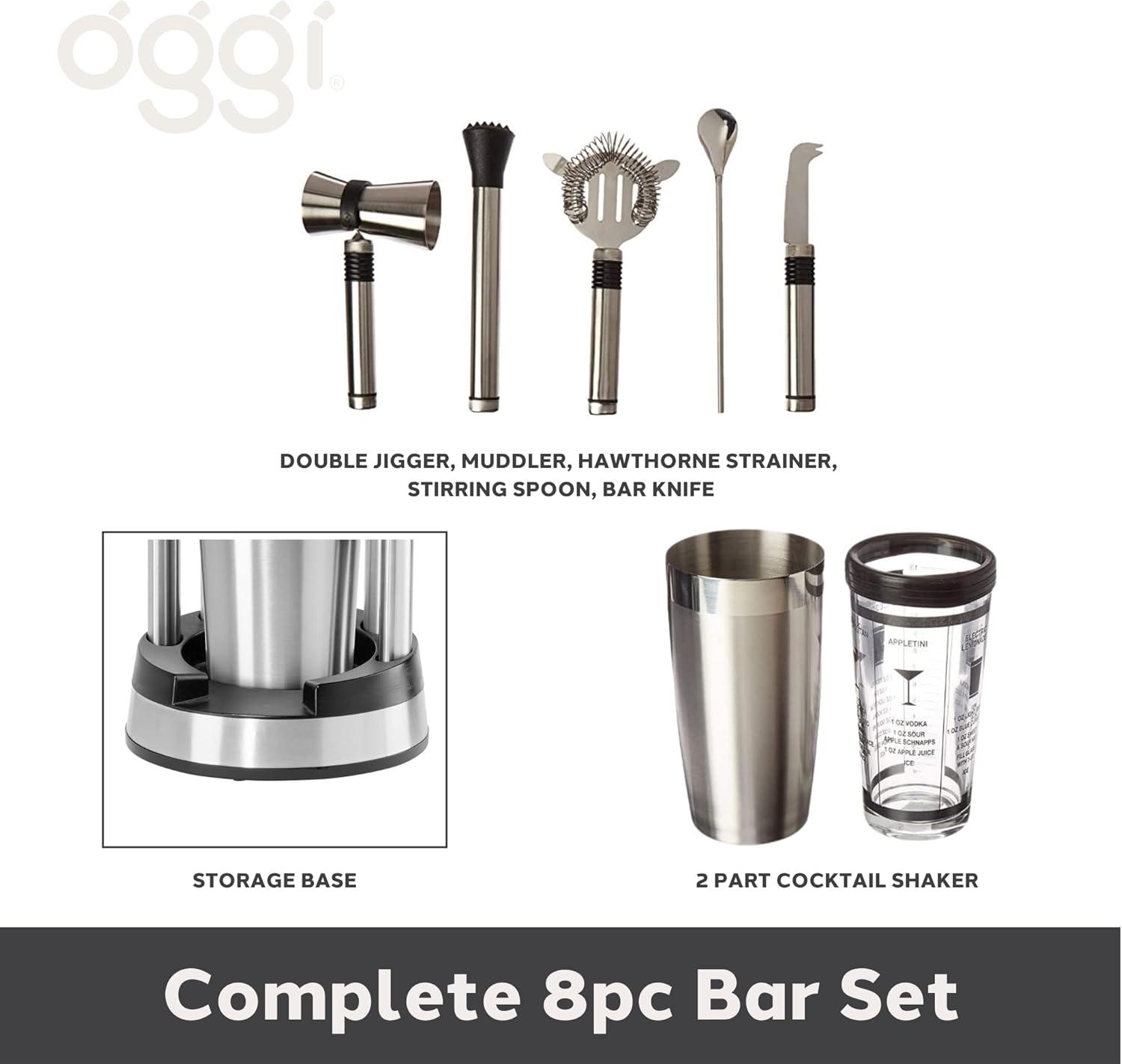 imageOGGI Compact Stainless Steel 8Piece Bar Tool Set Bartender Kit w Stand Stainless Steel Cocktail Set Ideal Bar Accessories Barware Set is Perfect for Bar Cart or Home Bar
