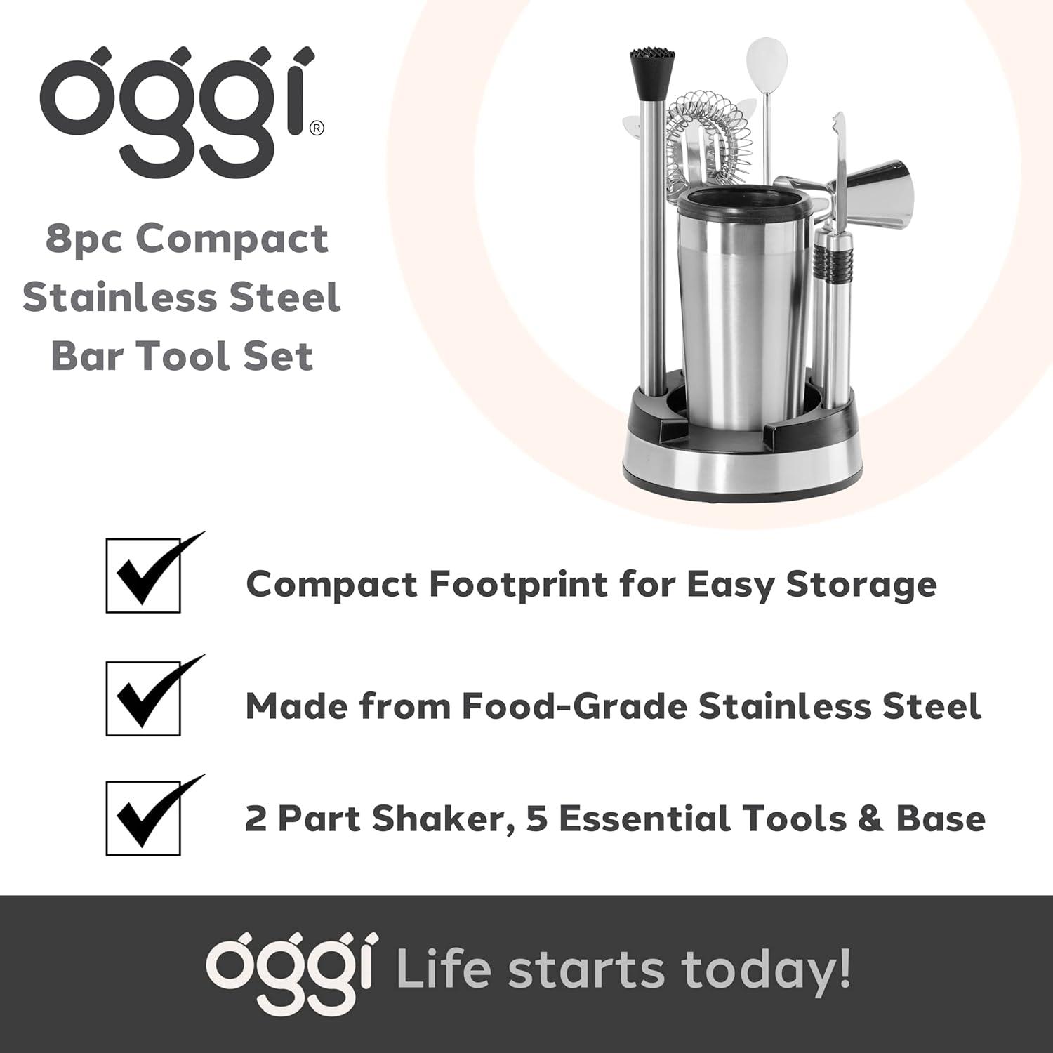 imageOGGI Compact Stainless Steel 8Piece Bar Tool Set Bartender Kit w Stand Stainless Steel Cocktail Set Ideal Bar Accessories Barware Set is Perfect for Bar Cart or Home Bar