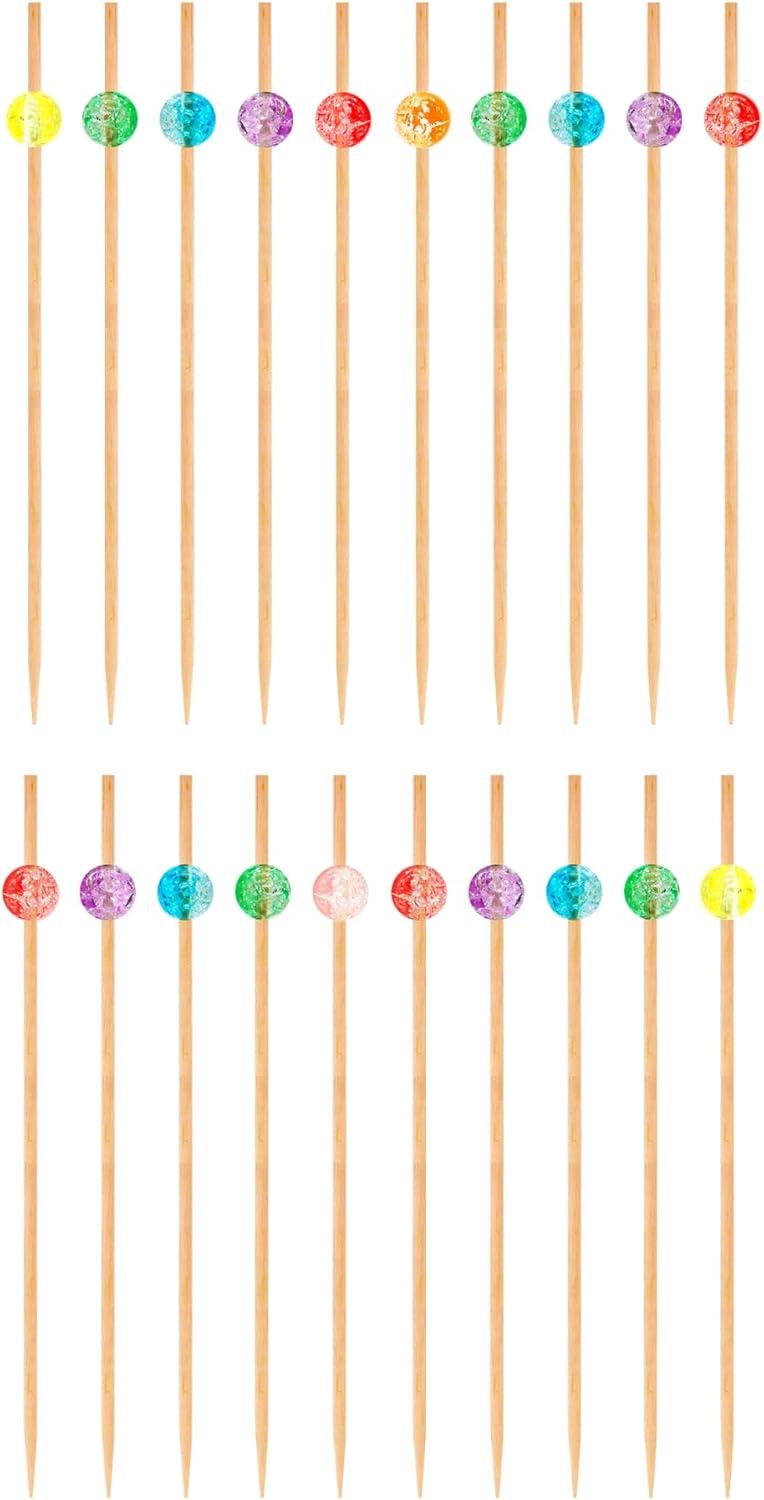imageOGGI Wooden Cocktail Picks Sticks 20 pcs  Wooden Martini Picks with Colored Balls Reusable Metal Cocktail Skewers Martini Sticks for Olives Appetizers 425quot  11cmCocktail Sticks