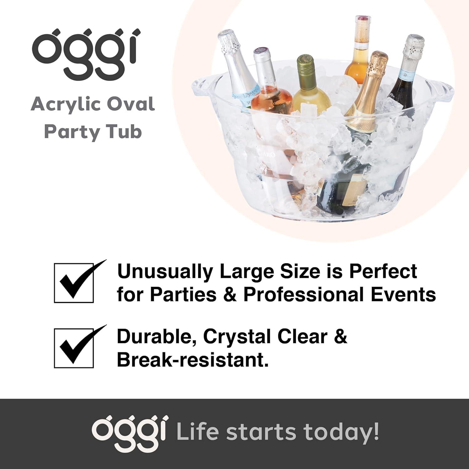 imageOggi Acrylic Oval Party Tub  Clear Beverage Cooler wHandles Wine Cooler Beer Chiller Ideal Party Tubs for Drinks Use Ice Tub for Indoor or Outdoor Bars 185quot x 11quotOval Party Tub