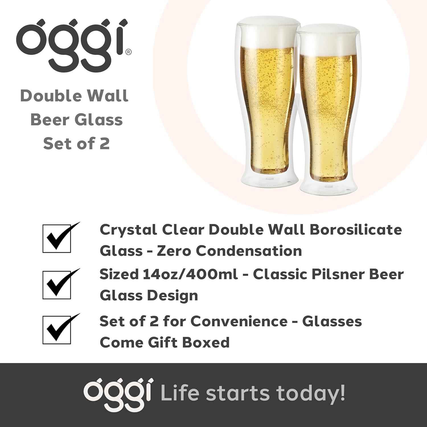 imageOggi Beer Double Wall Insulated Glass Mug Ideal for IPA ale lager stout pilsner Beer Stays Cool Longer Even Outdoors Visually Stunning 14oz  400ml Set of 2Clear